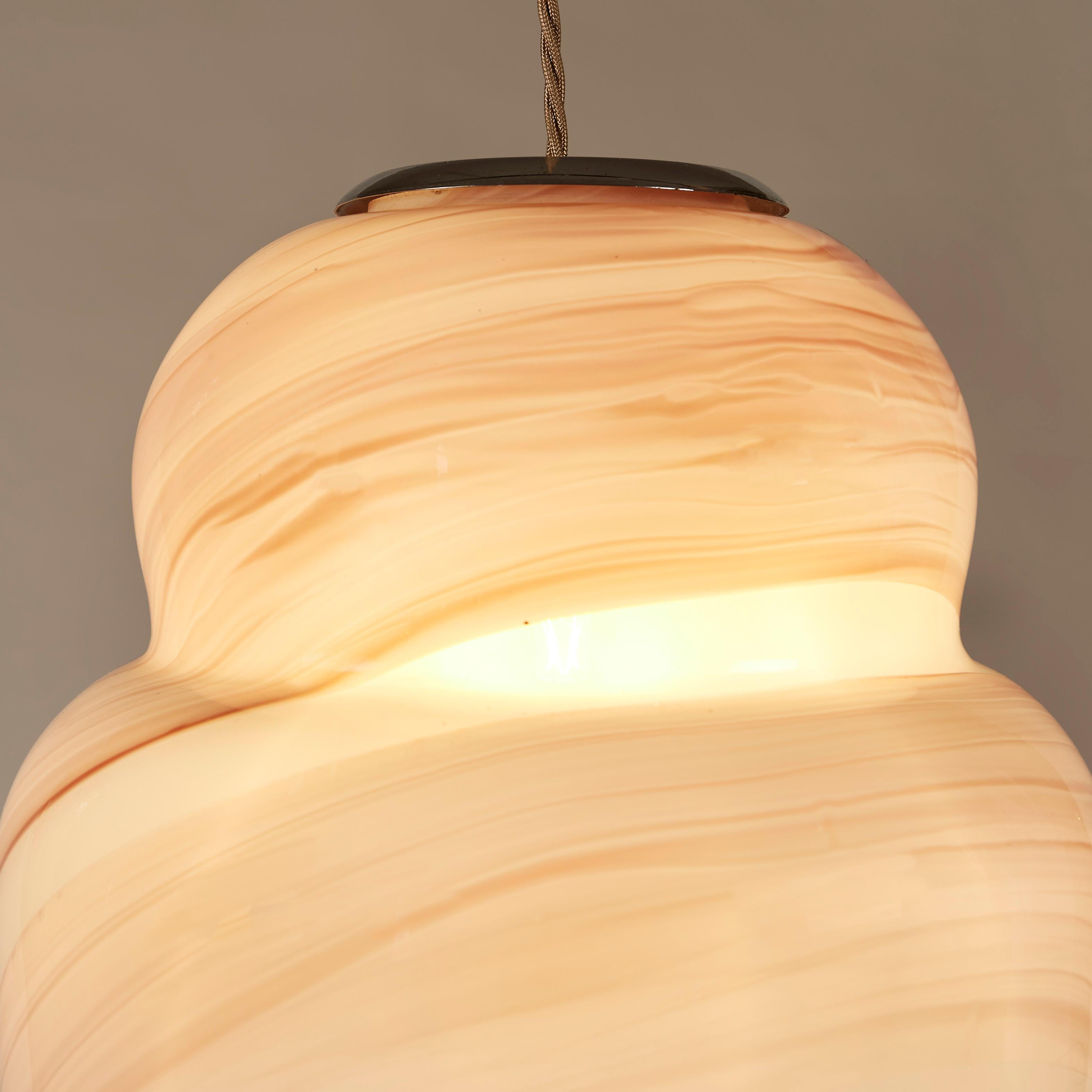 Mid-century Italian shaped Murano Glass Pink, White and Grey swirl Pendant Light For Sale 3