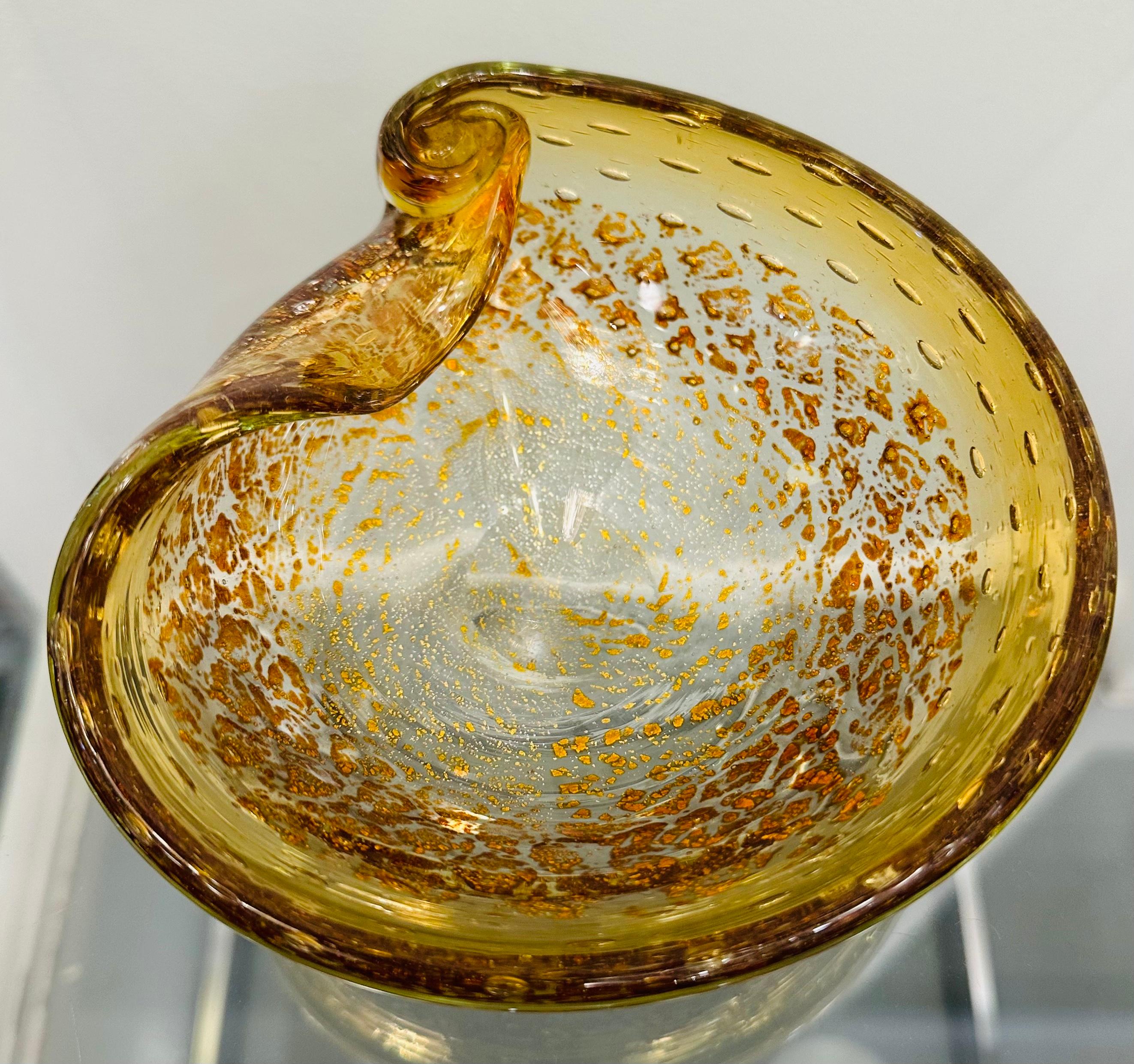 20th Century 1960s Italian Murano Golden Inclusion Clear Glass Bowl, Candy Dish or Ashtray For Sale