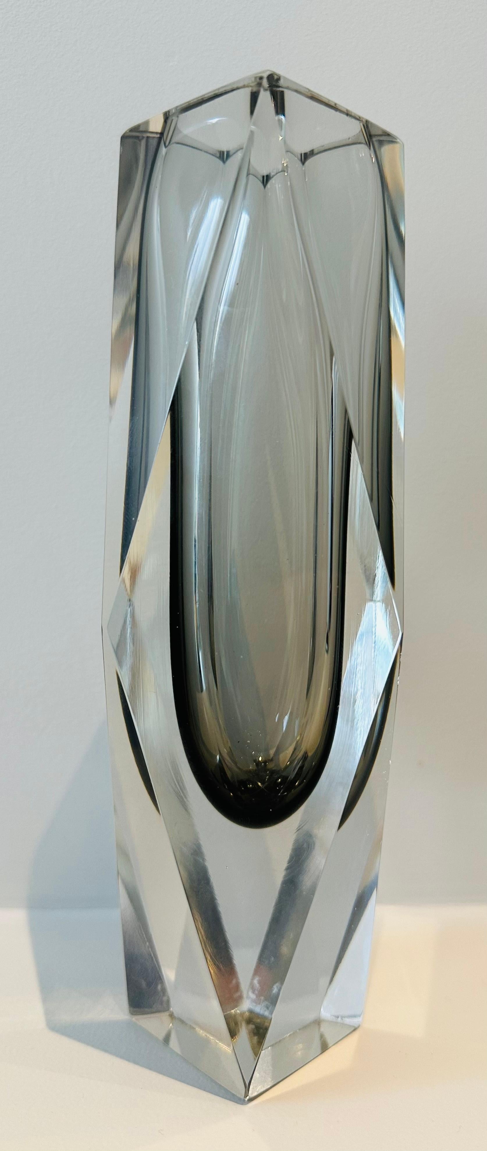 20th Century 1960s Italian Murano Grey & Clear Faceted Geometric Sommerso Glass Vase For Sale