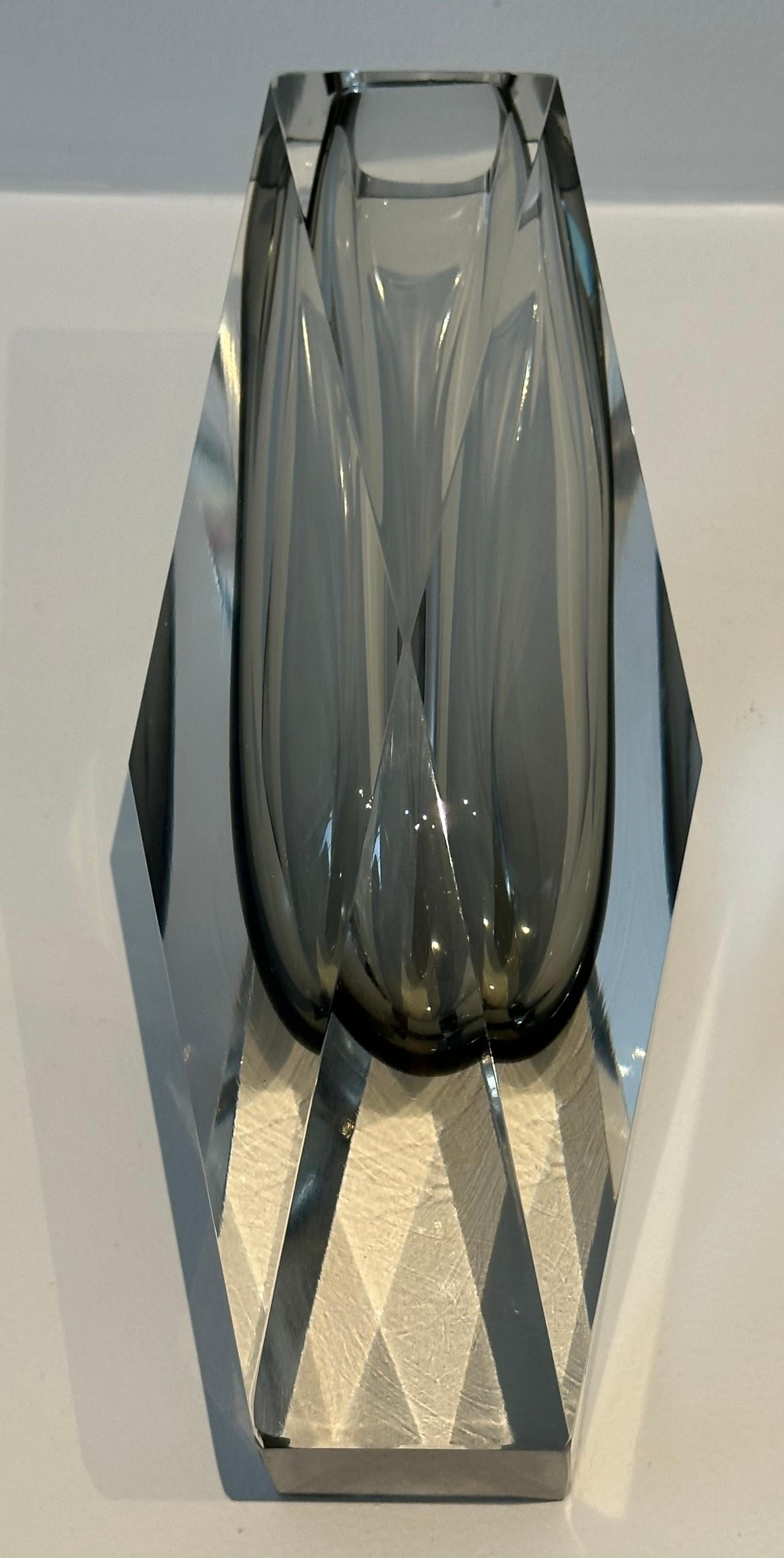 Murano Glass 1960s Italian Murano Grey & Clear Faceted Geometric Sommerso Glass Vase For Sale
