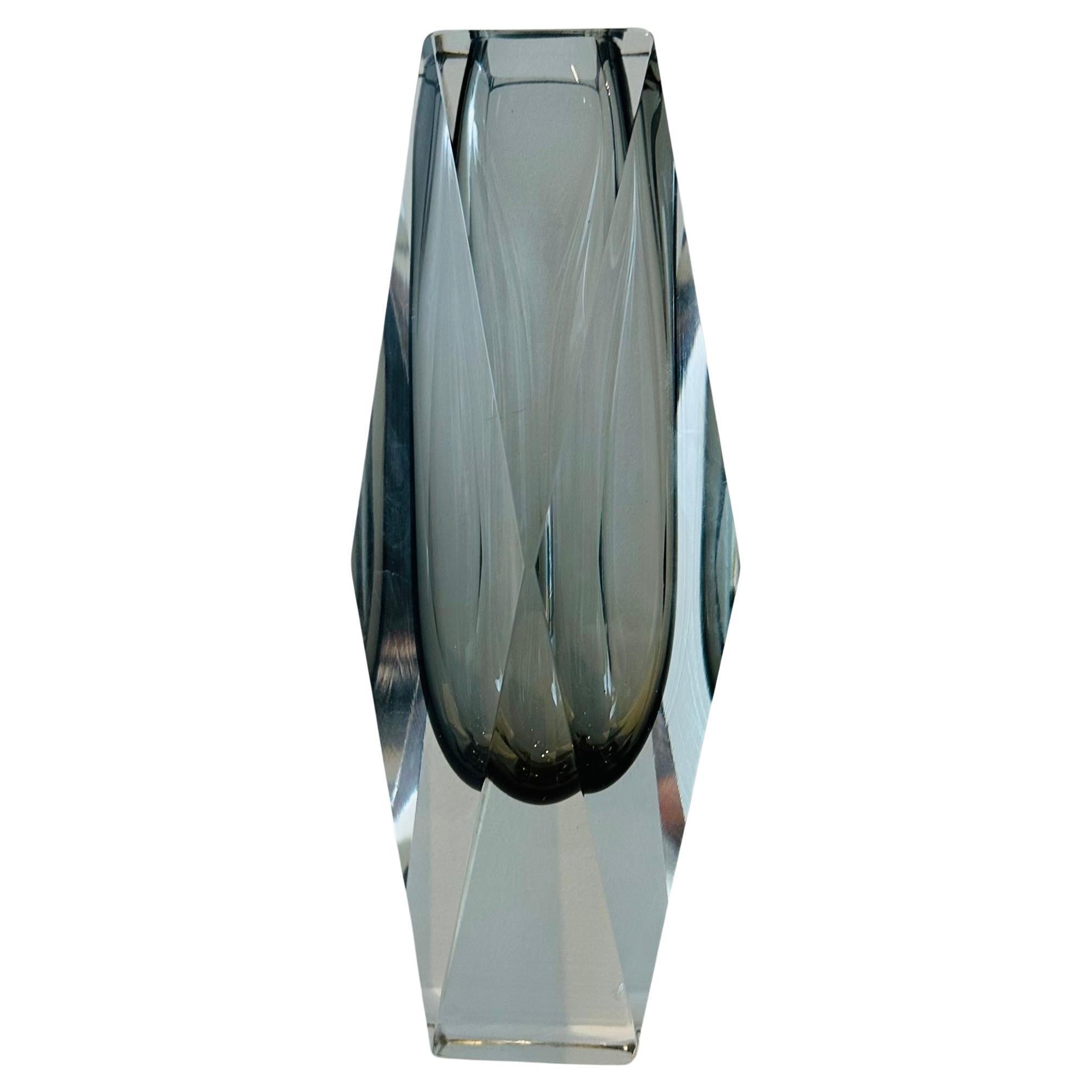 1960s Italian Murano Grey & Clear Faceted Geometric Sommerso Glass Vase For Sale