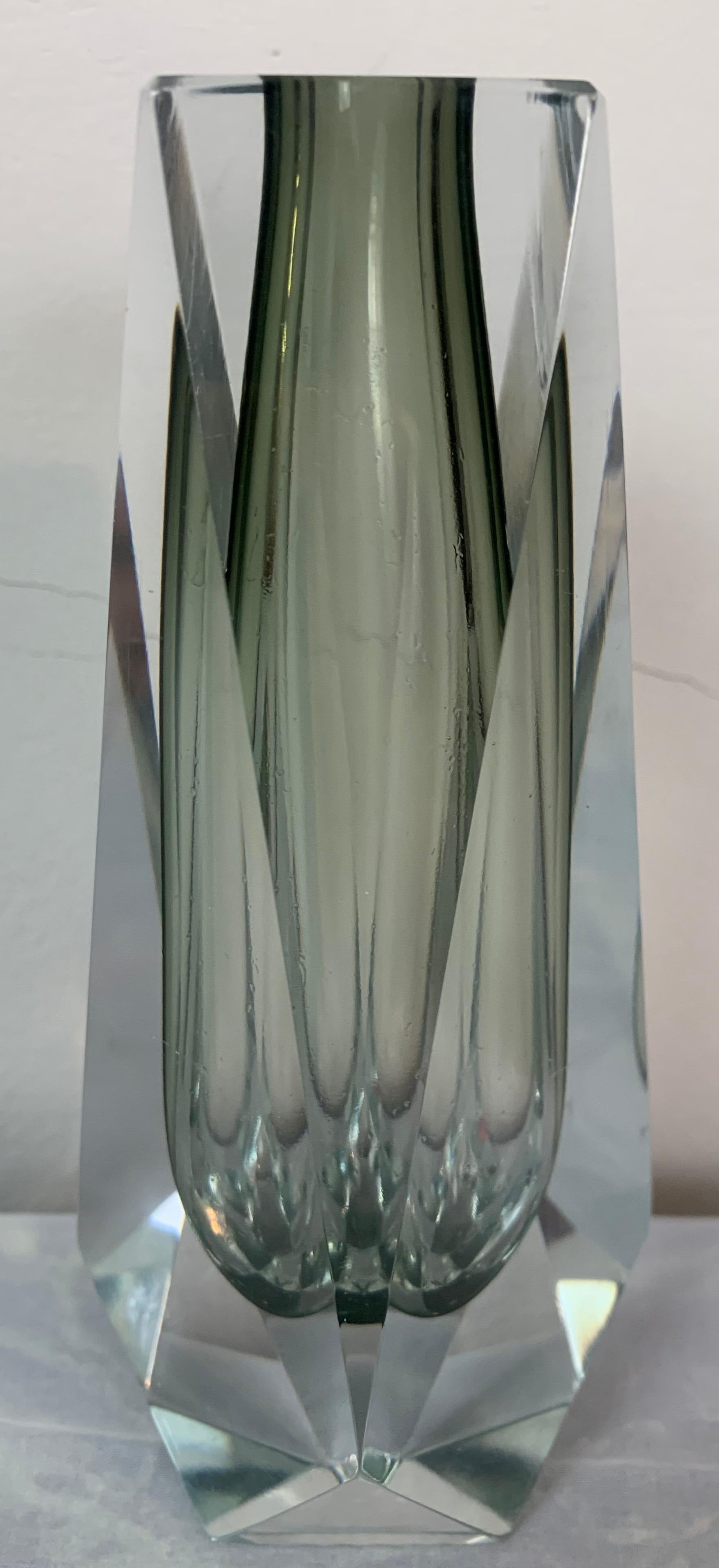 Mid-Century Modern 1960s Italian Murano Grey Glass Faceted Geometric Sommerso Mandruzzato Vase