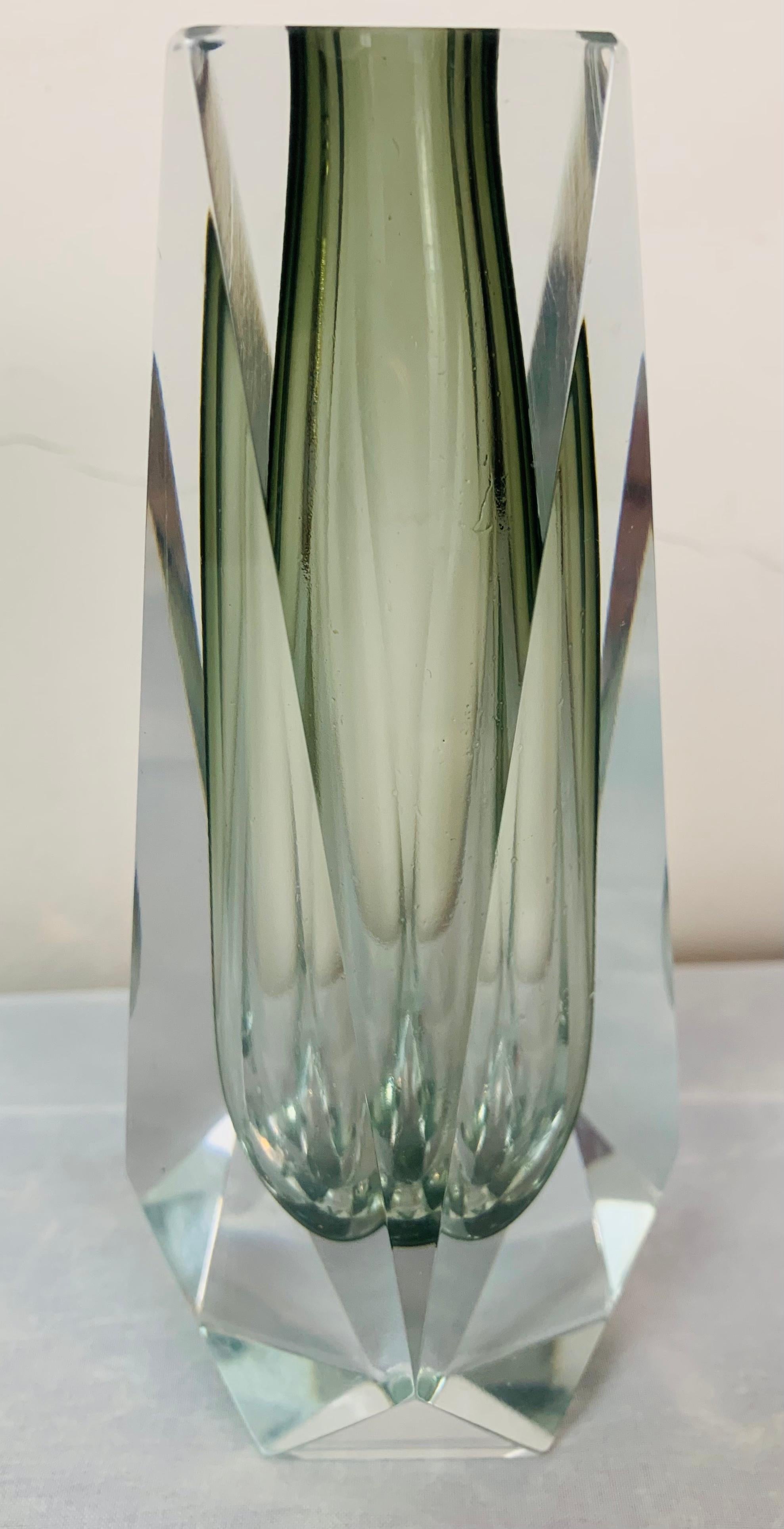1960s Italian Murano Grey Glass Faceted Geometric Sommerso Mandruzzato Vase In Excellent Condition In London, GB