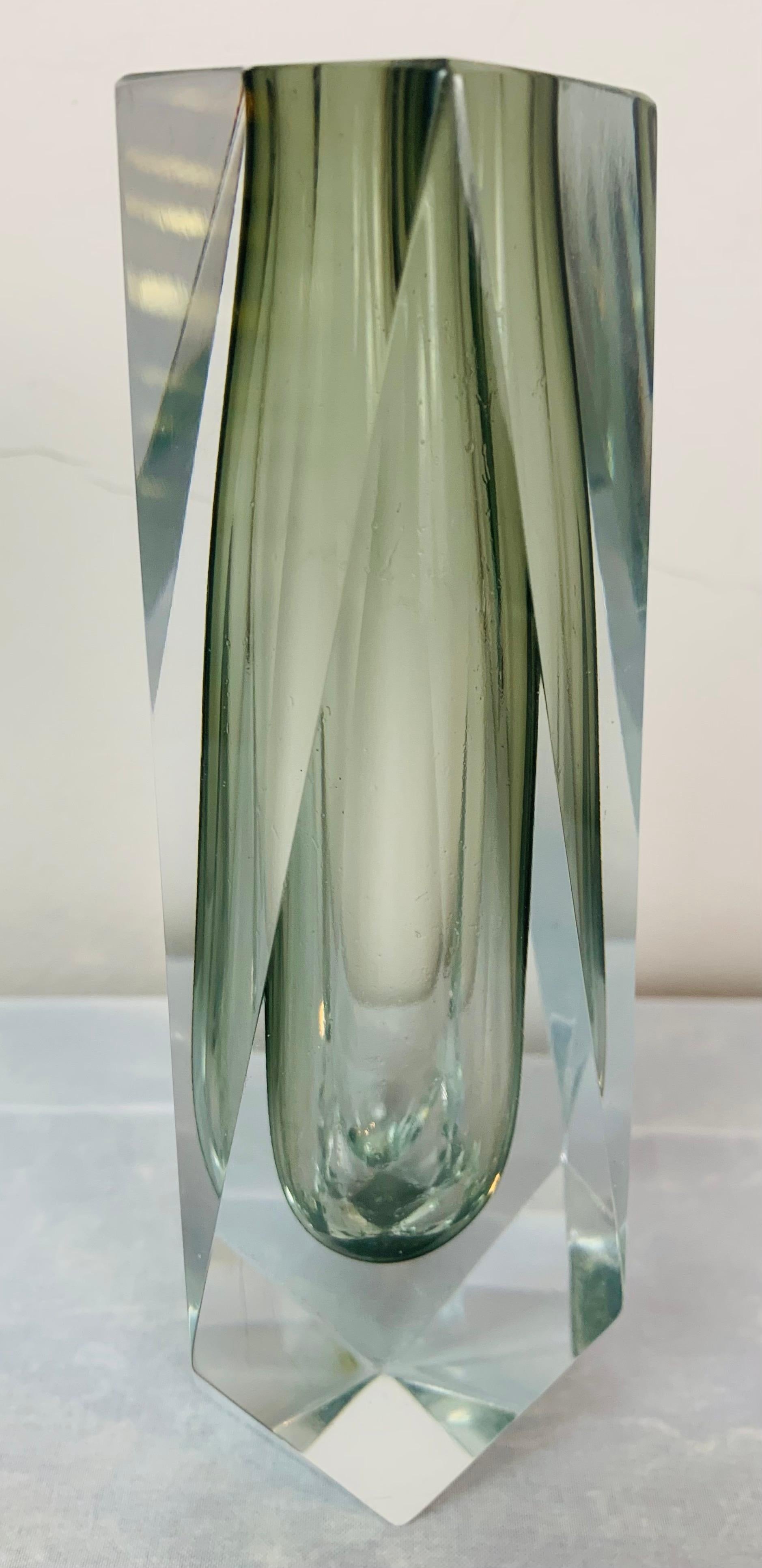 Murano Glass 1960s Italian Murano Grey Glass Faceted Geometric Sommerso Mandruzzato Vase