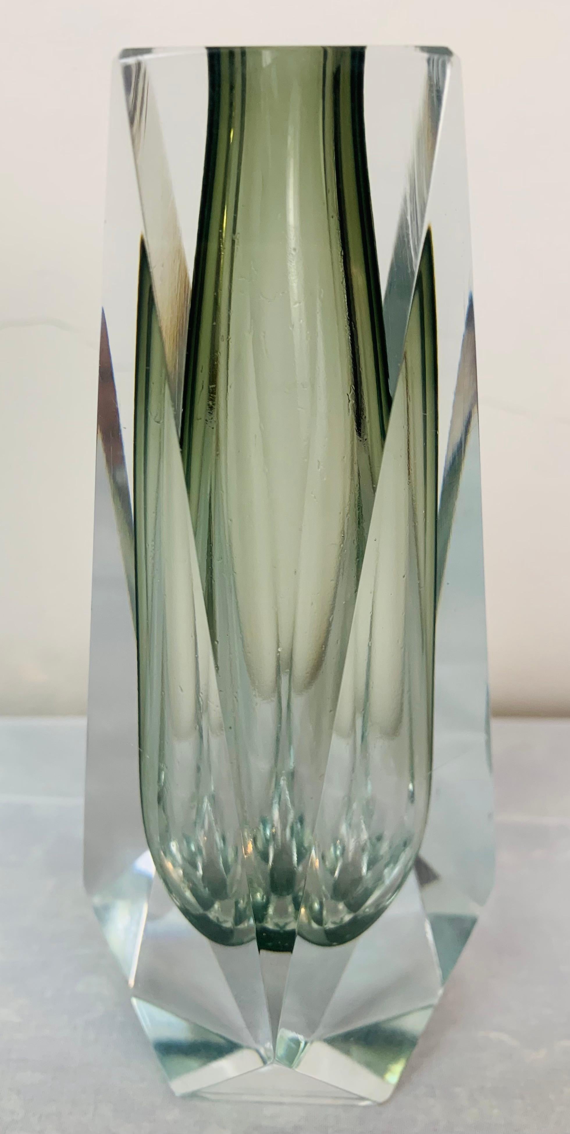1960s Italian Murano Grey Glass Faceted Geometric Sommerso Mandruzzato Vase 1