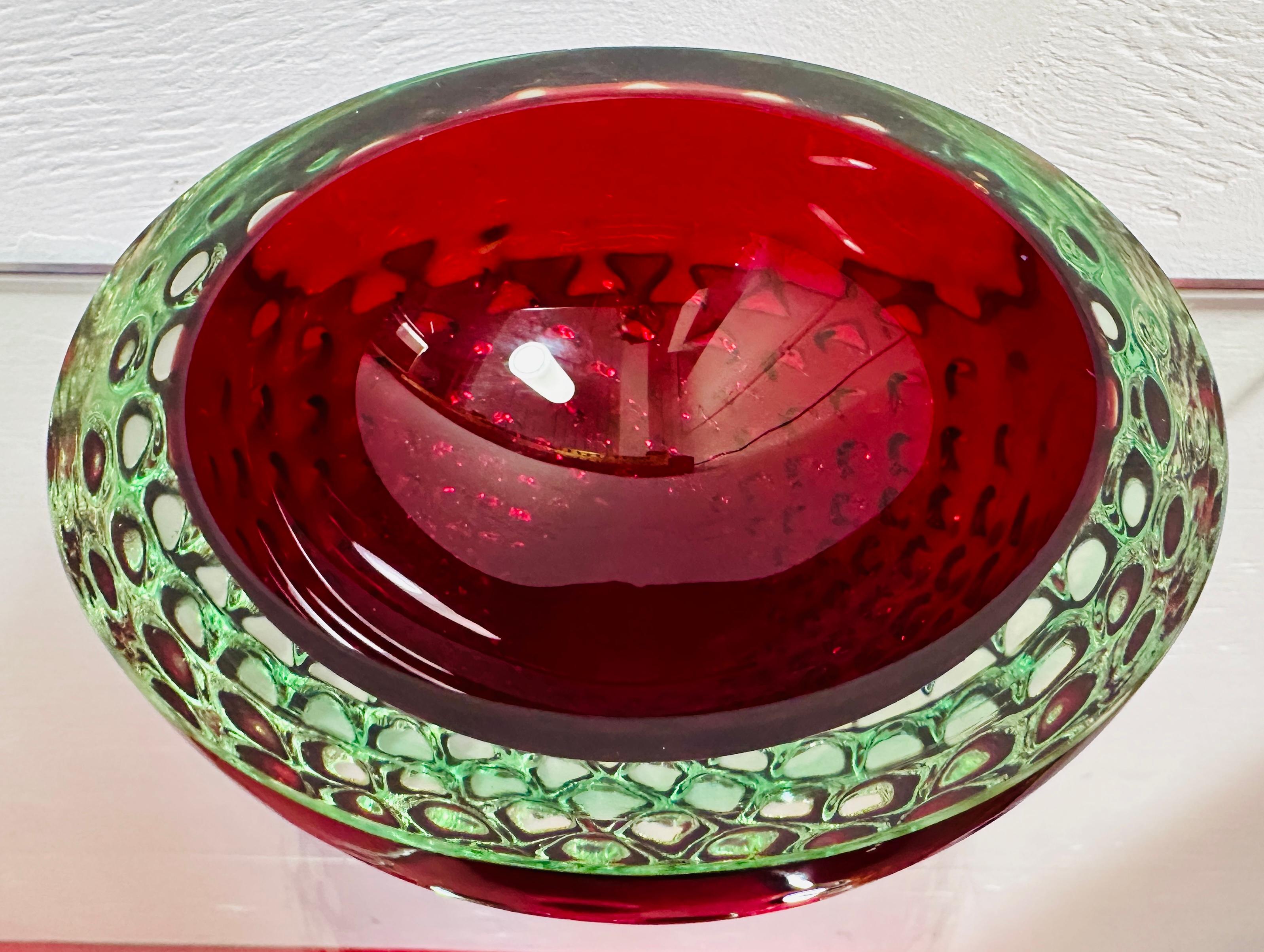 Mid-Century Modern 1960s Italian Murano Red, Iridescent Silvery Green & Clear Glass Indented Bowl