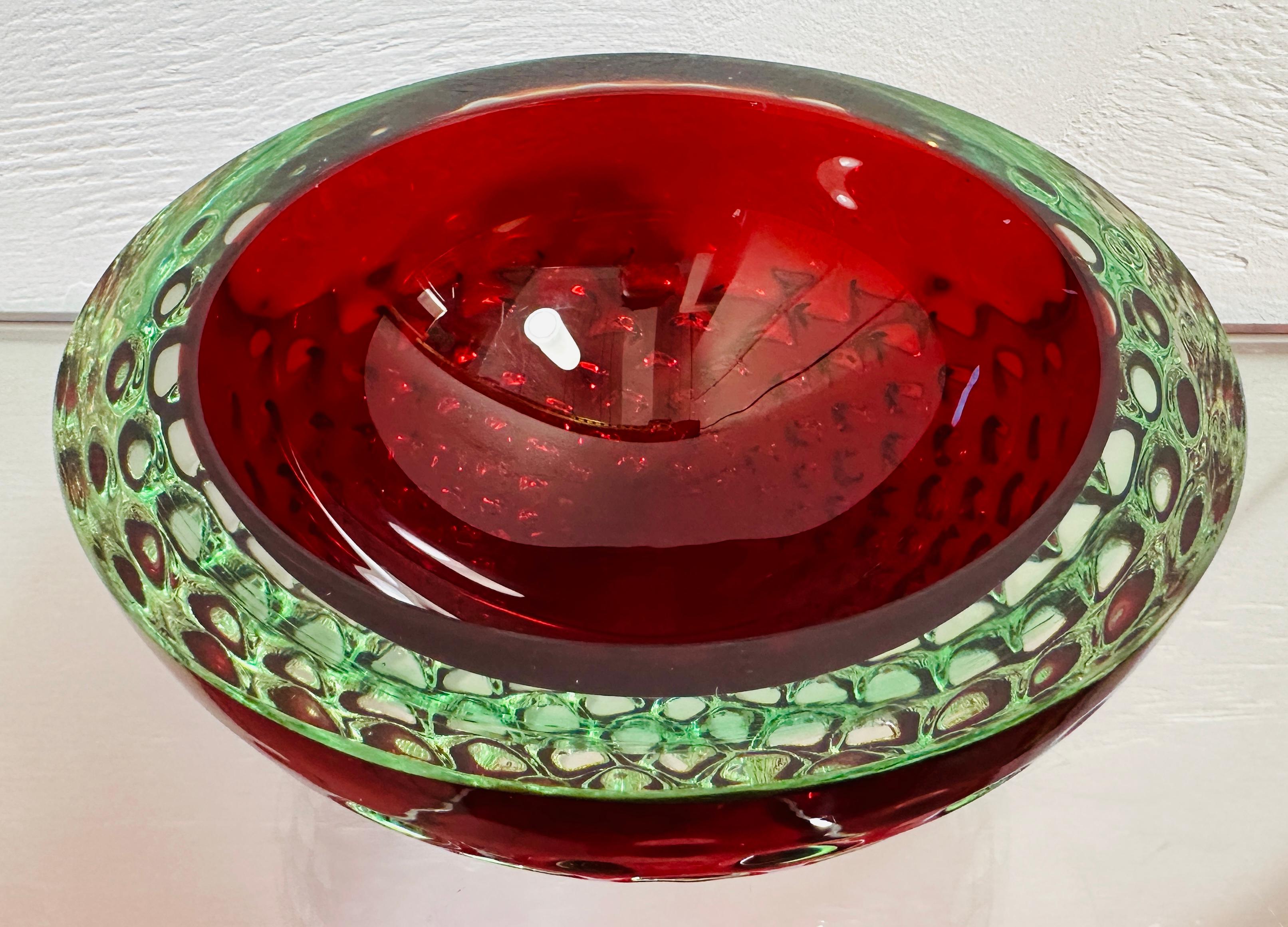 Murano Glass 1960s Italian Murano Red, Iridescent Silvery Green & Clear Glass Indented Bowl