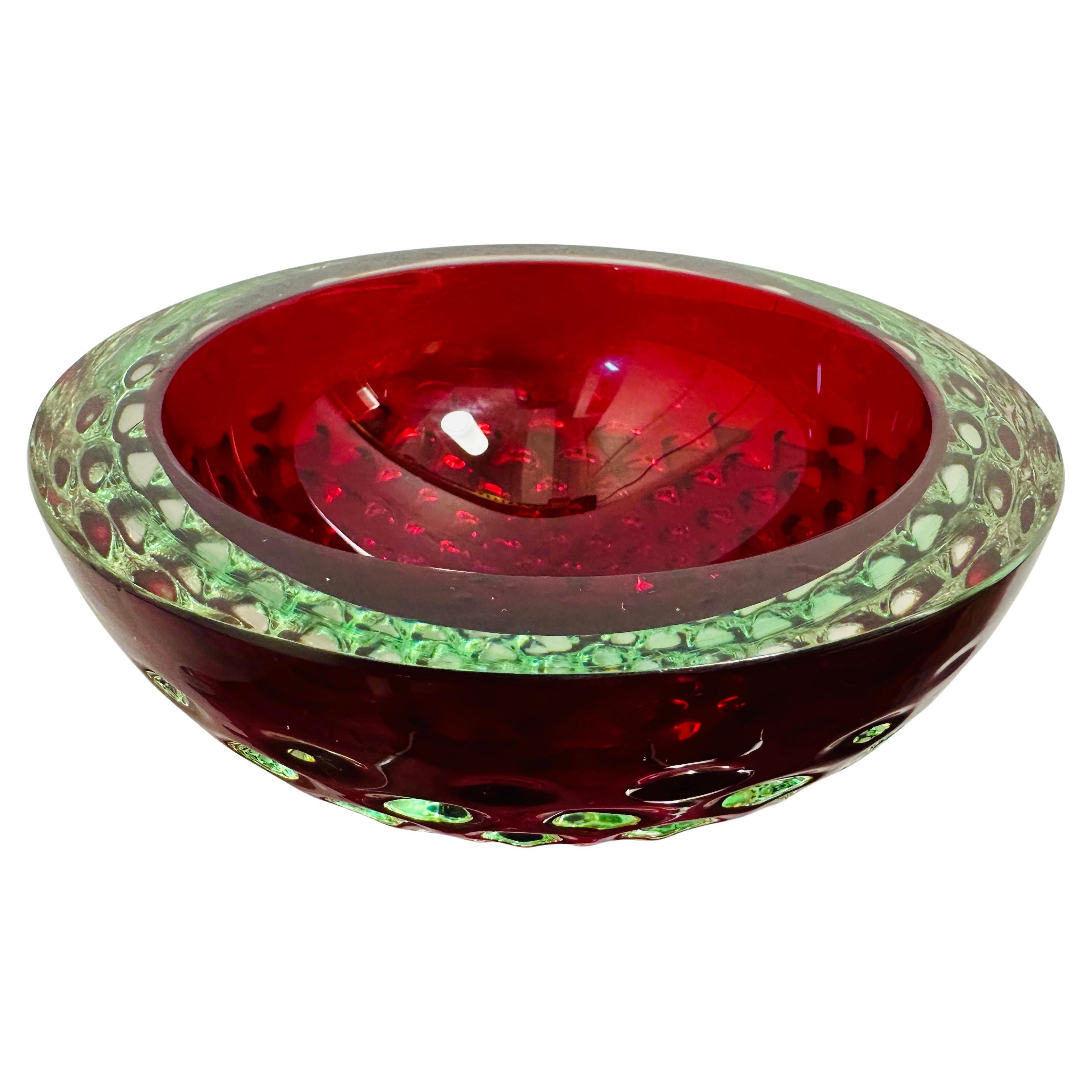 1960s Italian Murano Red, Iridescent Silvery Green & Clear Glass Indented Bowl