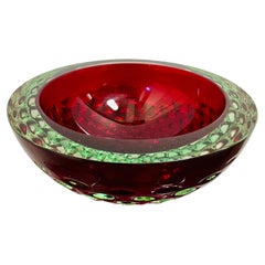 1960s Italian Murano Red, Iridescent Silvery Green & Clear Glass Indented Bowl