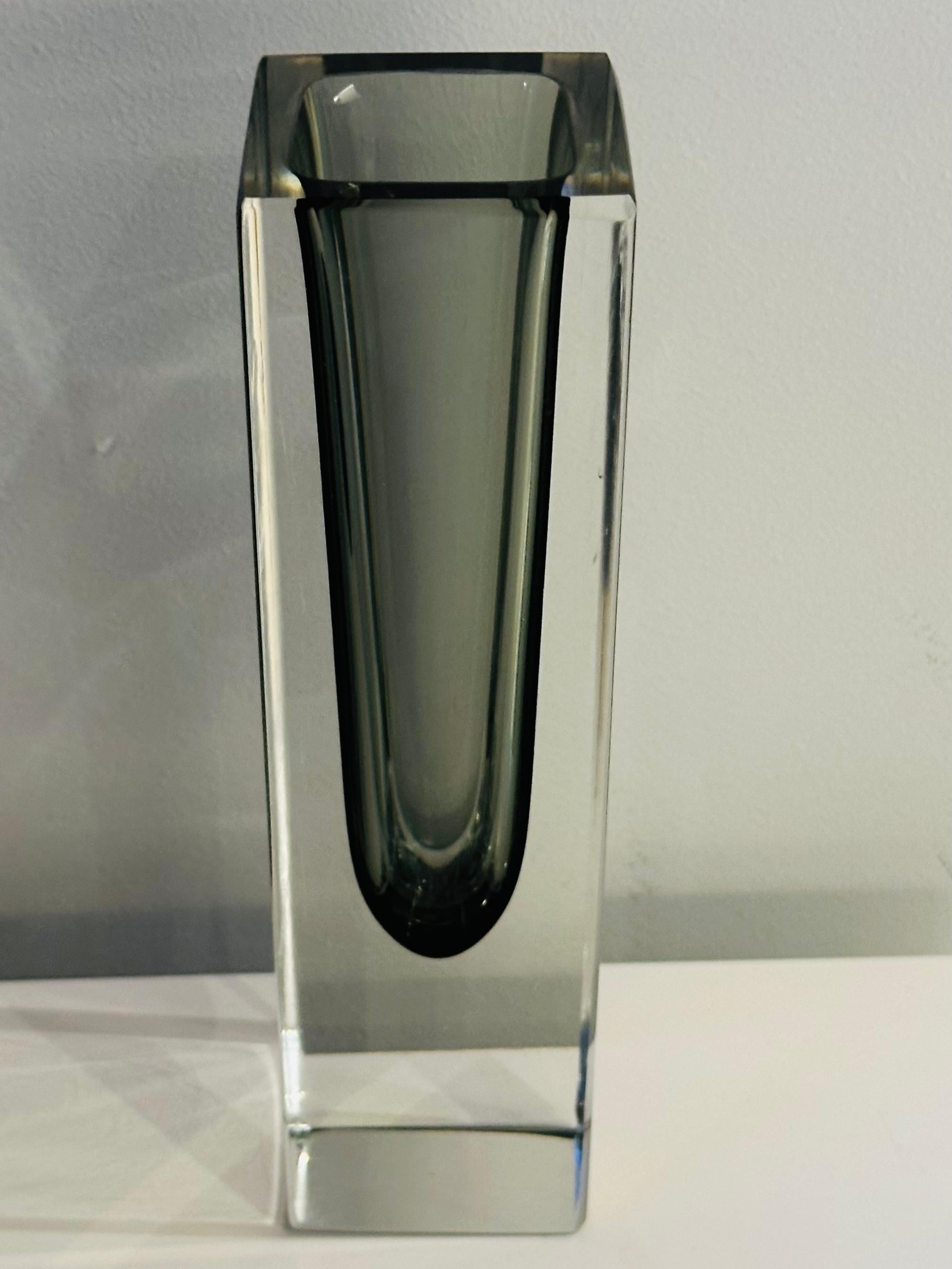 1960s Italian Murano Sommerso Grey & Clear Rectangular Glass Vase 5