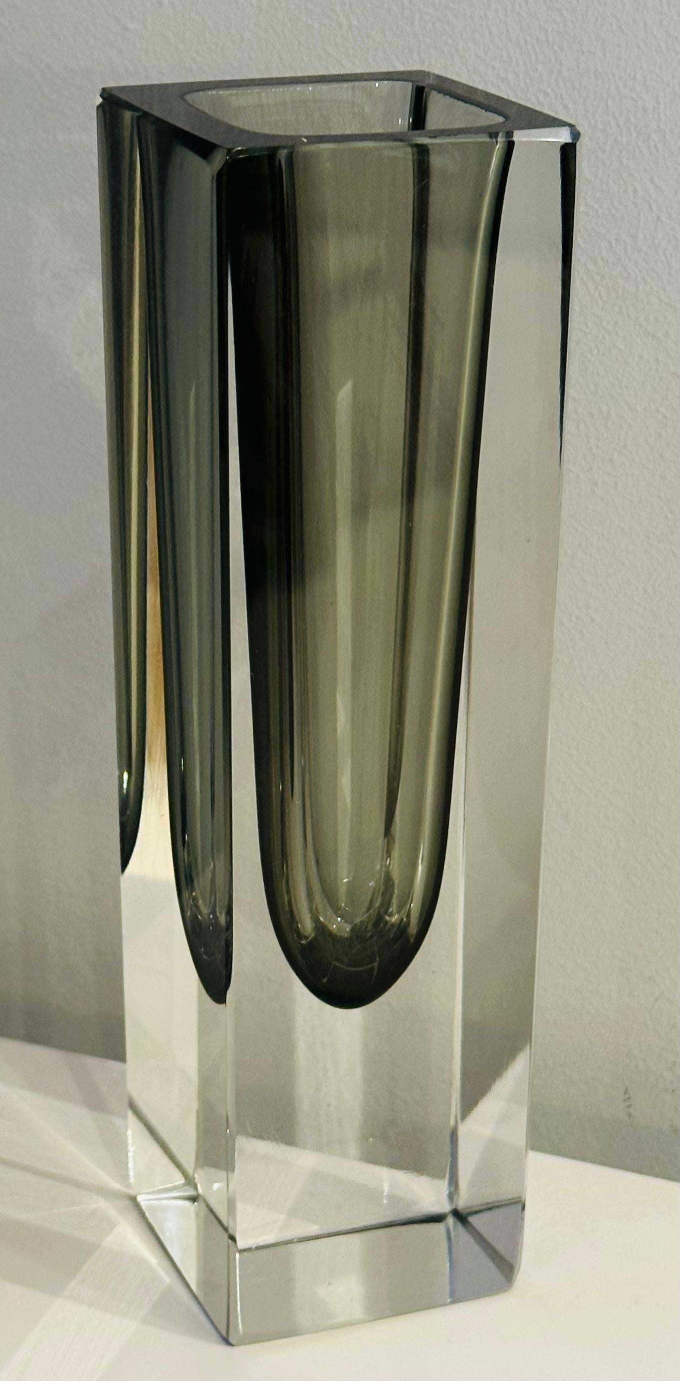 Mid-Century Modern 1960s Italian Murano Sommerso Grey & Clear Rectangular Glass Vase