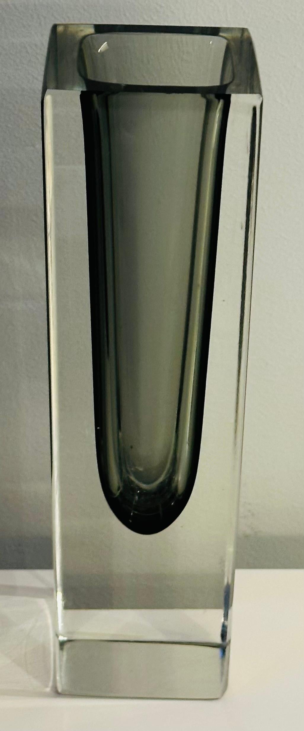 20th Century 1960s Italian Murano Sommerso Grey & Clear Rectangular Glass Vase