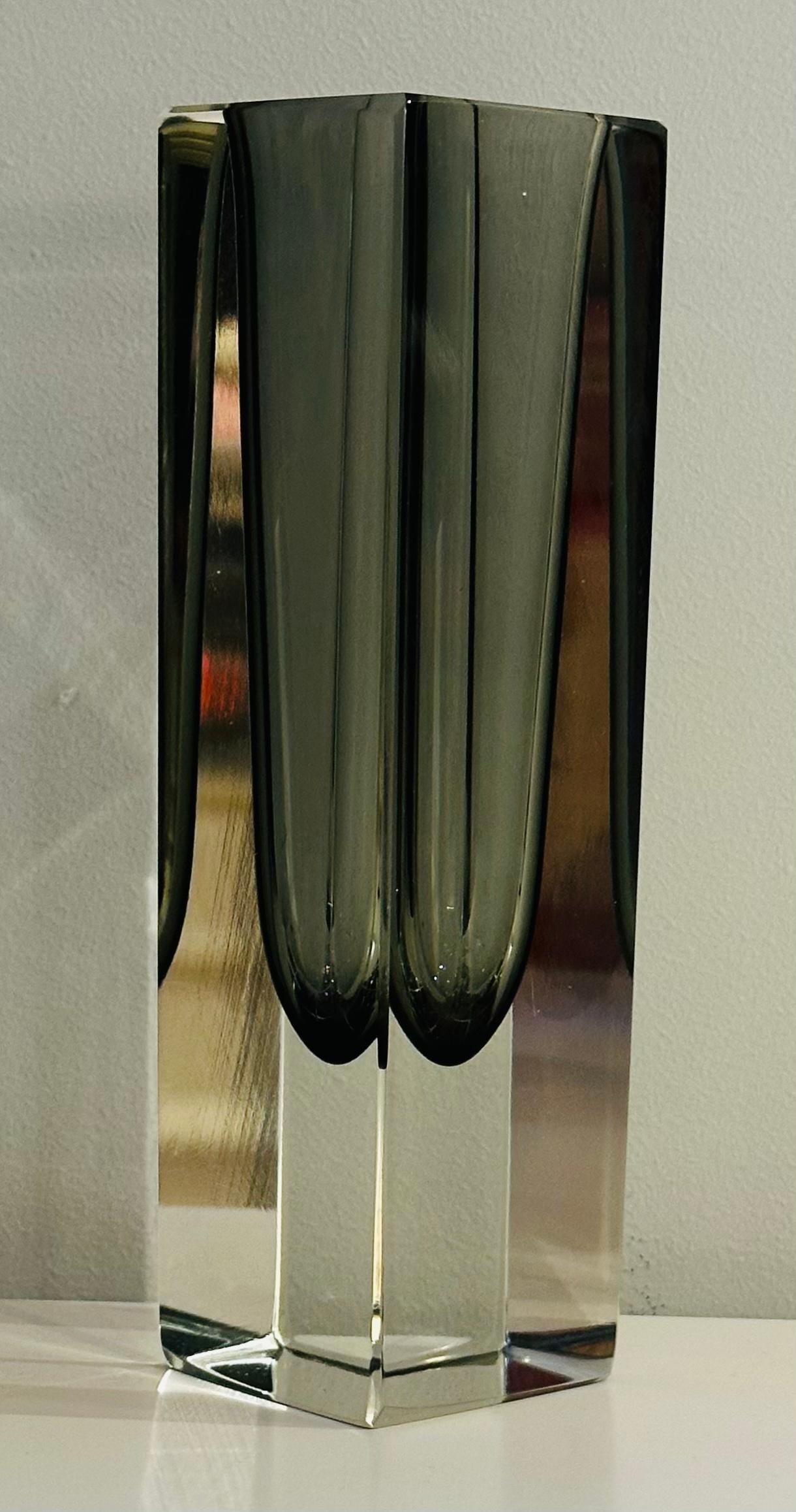 Murano Glass 1960s Italian Murano Sommerso Grey & Clear Rectangular Glass Vase
