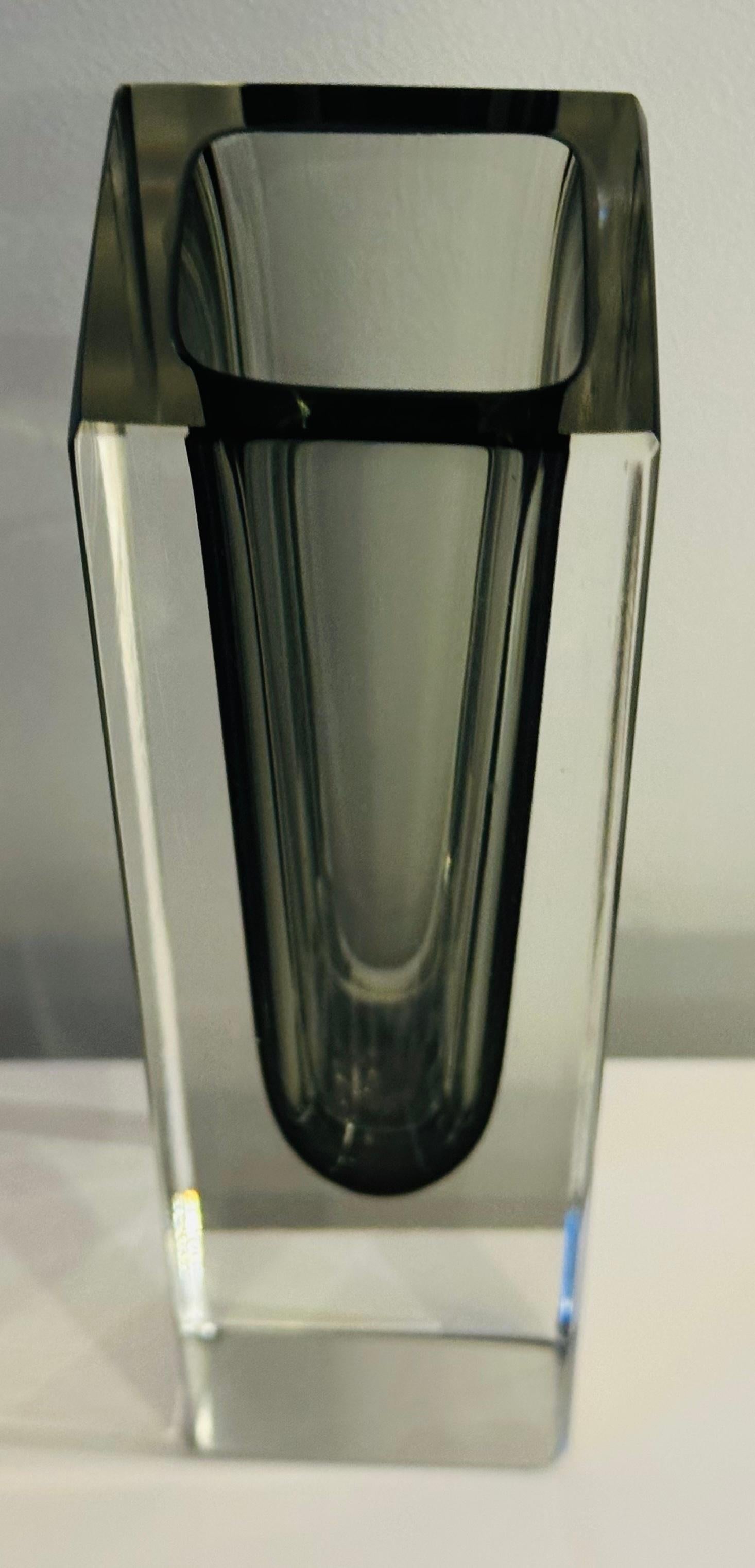 1960s Italian Murano Sommerso Grey & Clear Rectangular Glass Vase 1