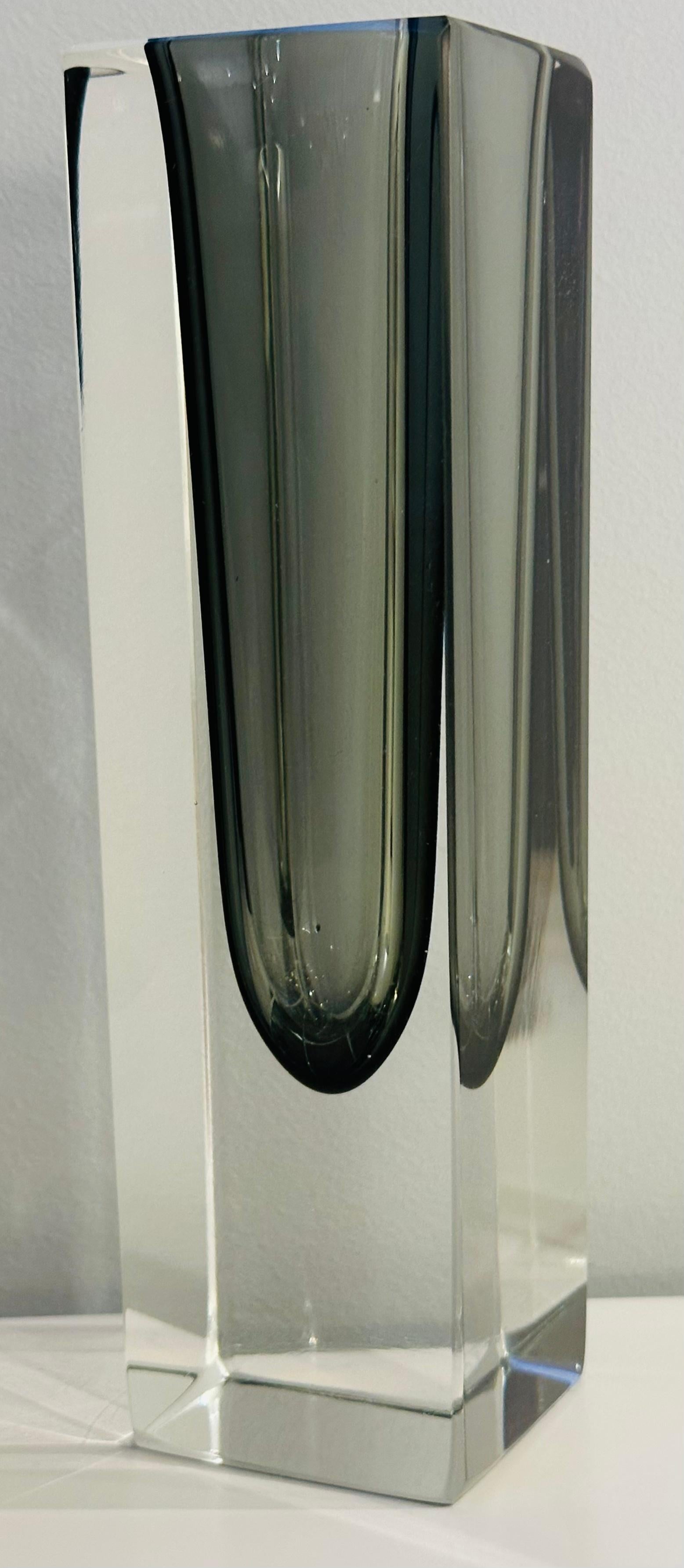 1960s Italian Murano Sommerso Grey & Clear Rectangular Glass Vase 3