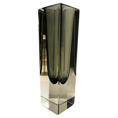 1960s Italian Murano Sommerso Grey & Clear Rectangular Glass Vase