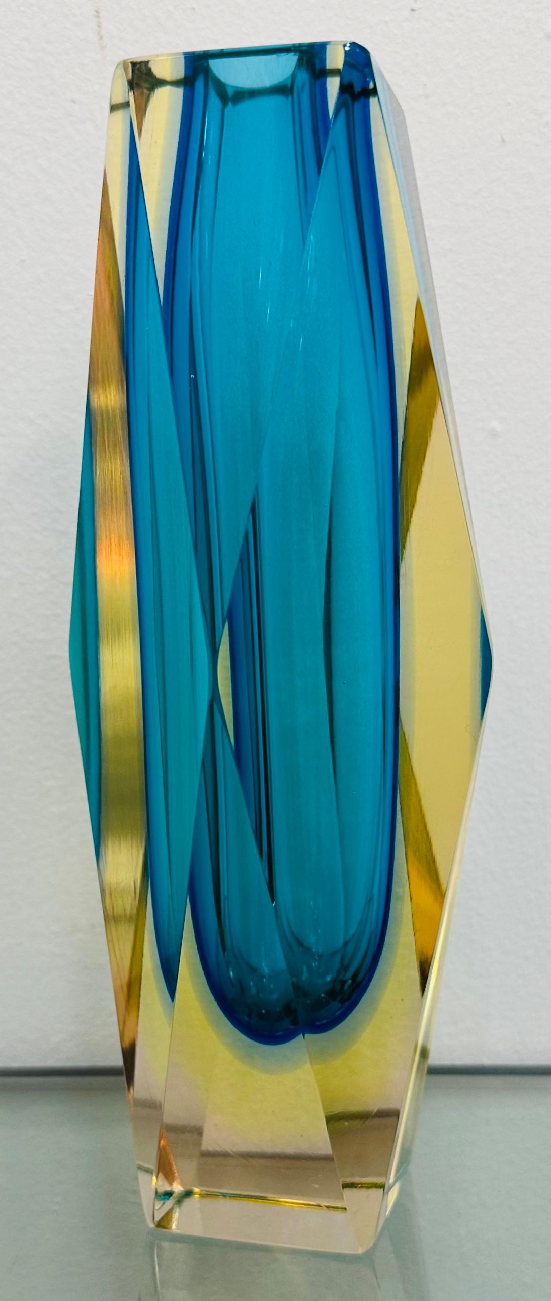 1960er Jahre Italienisch Murano Türkis Geometrisch Facettiert Sommerso Kunst Glas Block Vase 6