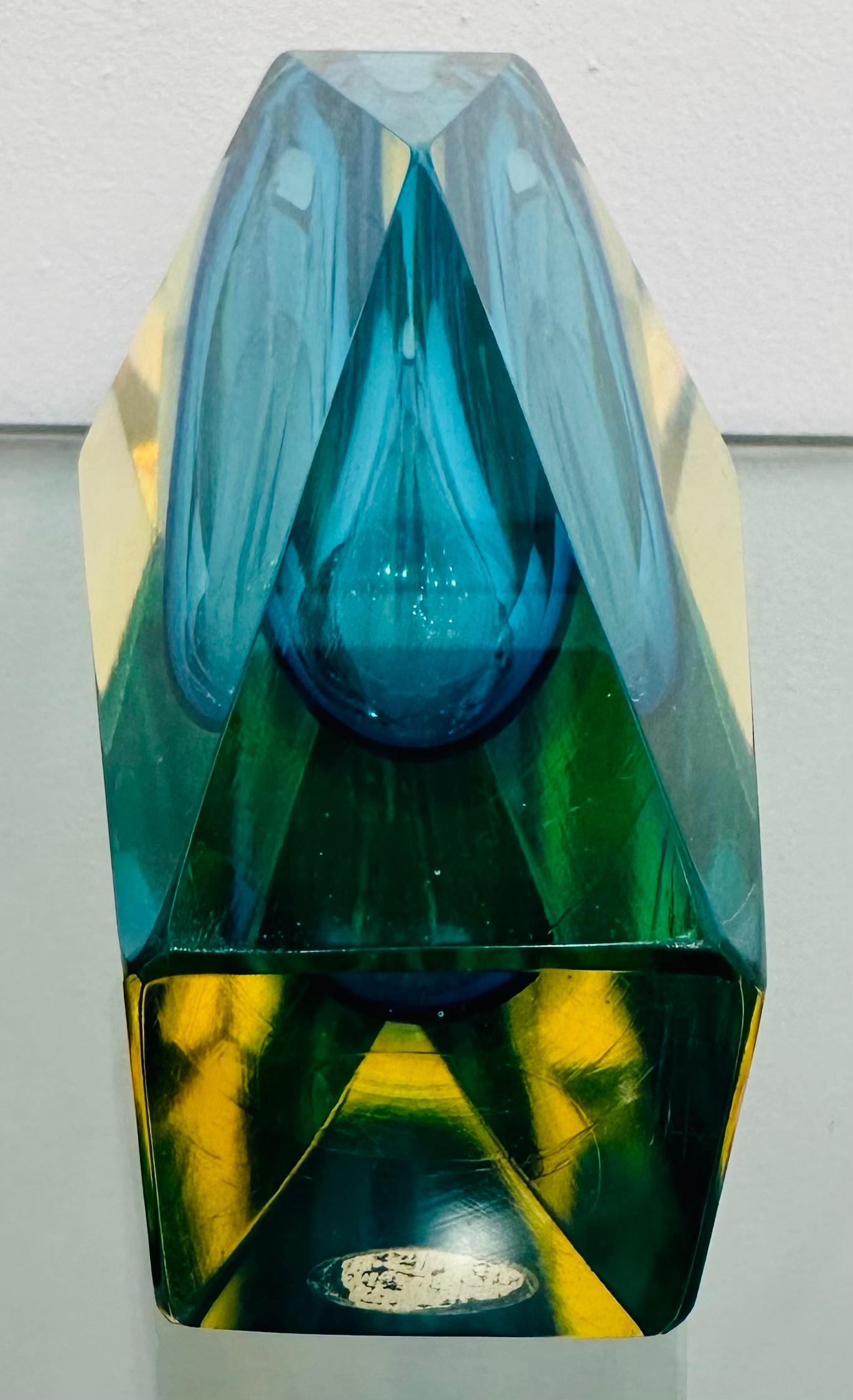 1960s Italian Murano Turquoise Geometric Faceted Sommerso Art Glass Block Vase For Sale 9
