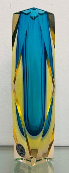 1960s Italian Murano Turquoise Geometric Faceted Sommerso Art Glass Block Vase
