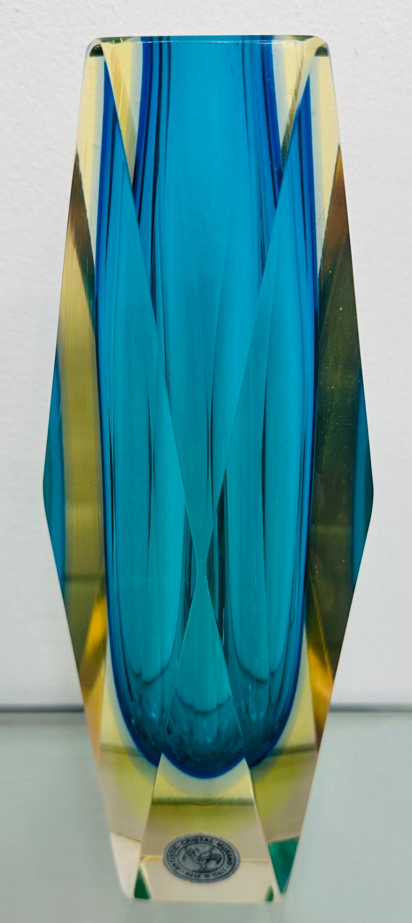 Mid-Century Modern 1960s Italian Murano Turquoise Geometric Faceted Sommerso Art Glass Block Vase For Sale