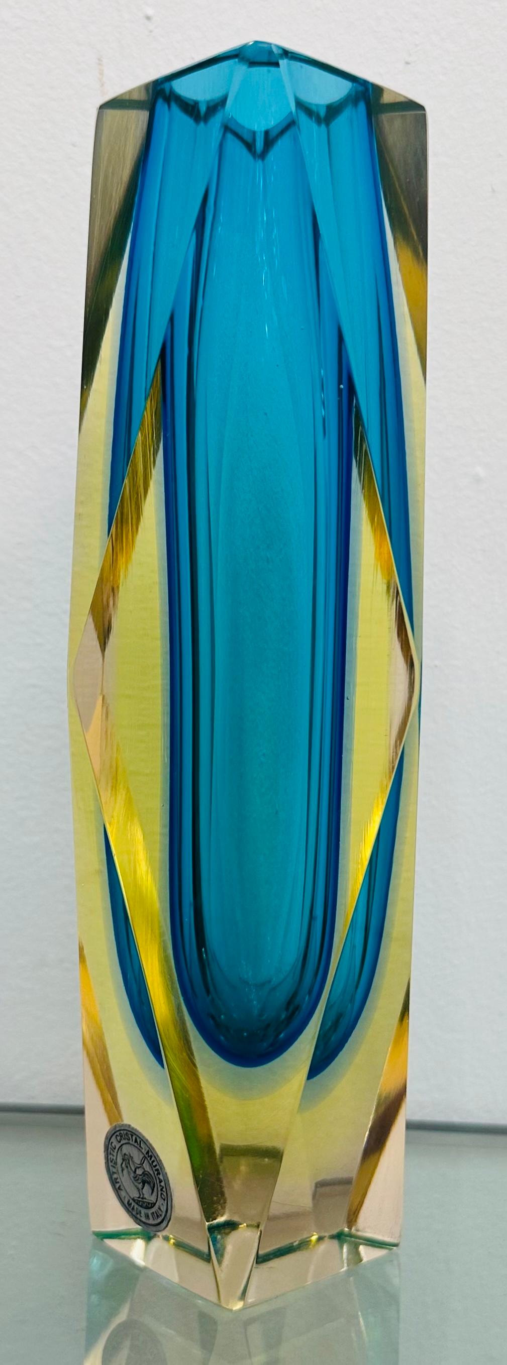 1960er Jahre Italienisch Murano Türkis Geometrisch Facettiert Sommerso Kunst Glas Block Vase im Zustand „Gut“ in London, GB