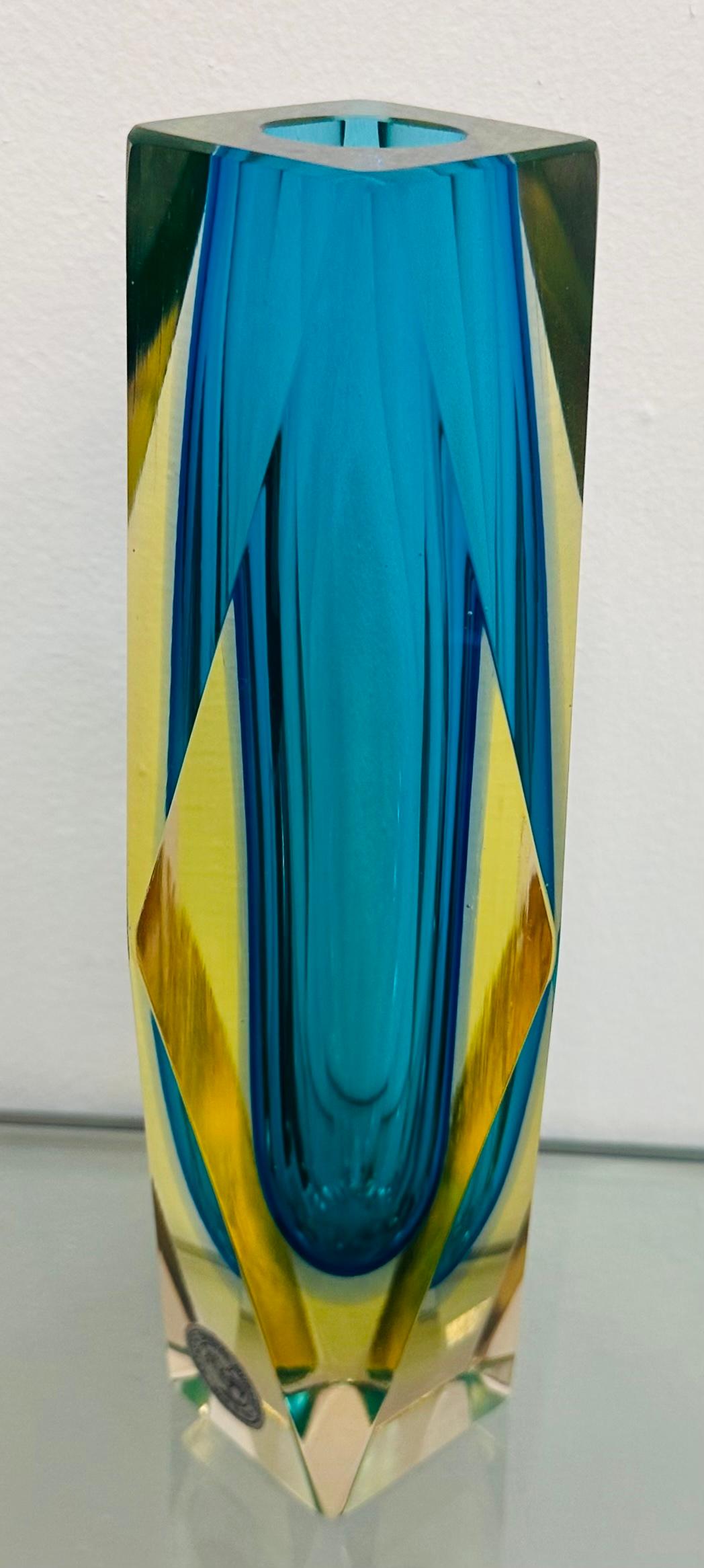 1960er Jahre Italienisch Murano Türkis Geometrisch Facettiert Sommerso Kunst Glas Block Vase (20. Jahrhundert)