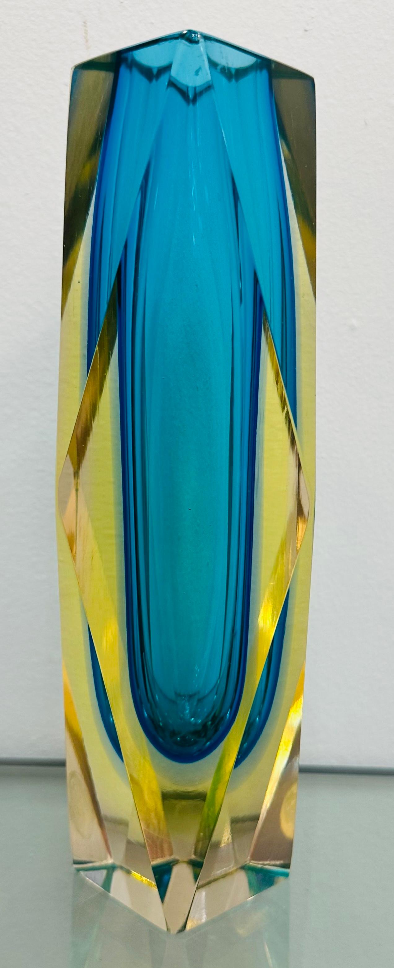 Murano Glass 1960s Italian Murano Turquoise Geometric Faceted Sommerso Art Glass Block Vase For Sale