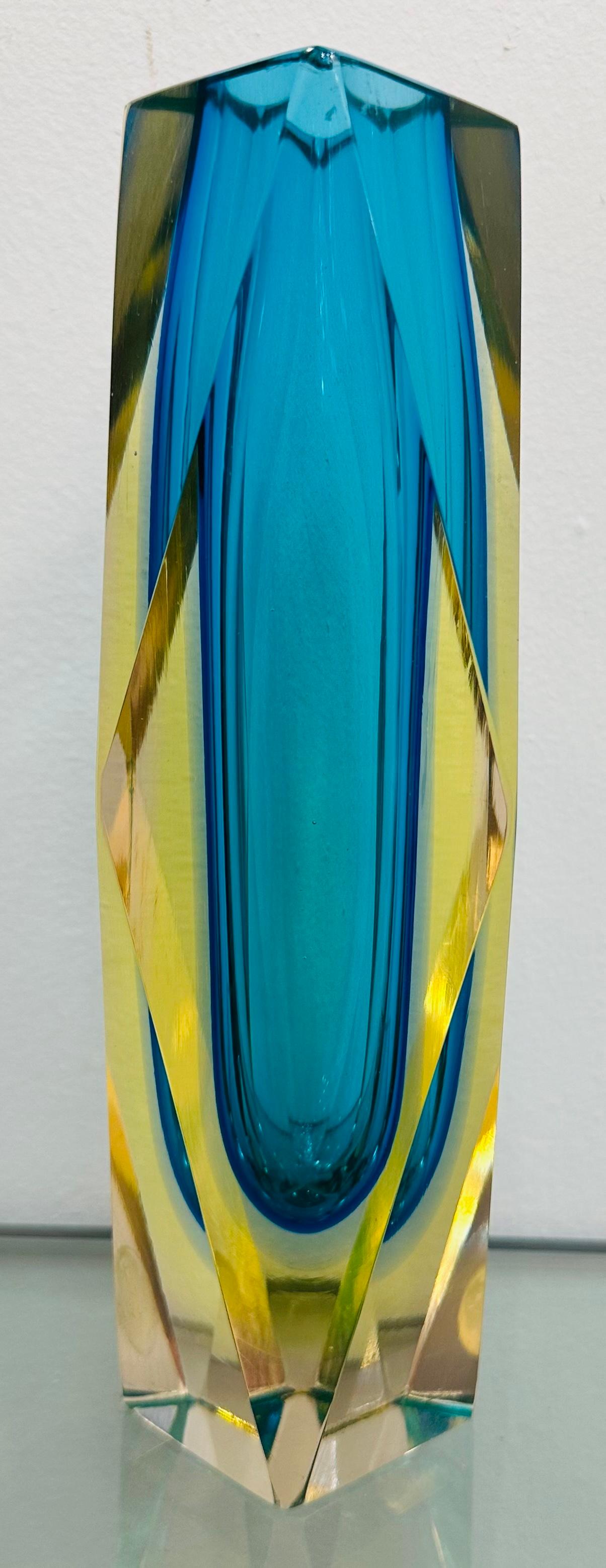 1960s Italian Murano Turquoise Geometric Faceted Sommerso Art Glass Block Vase For Sale 1