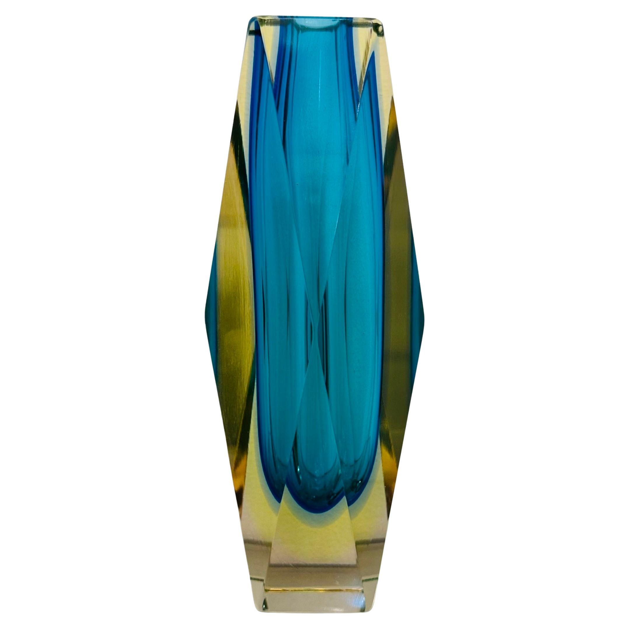 1960s Italian Murano Turquoise Geometric Faceted Sommerso Art Glass Block Vase For Sale