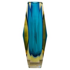 Used 1960s Italian Murano Turquoise Geometric Faceted Sommerso Art Glass Block Vase