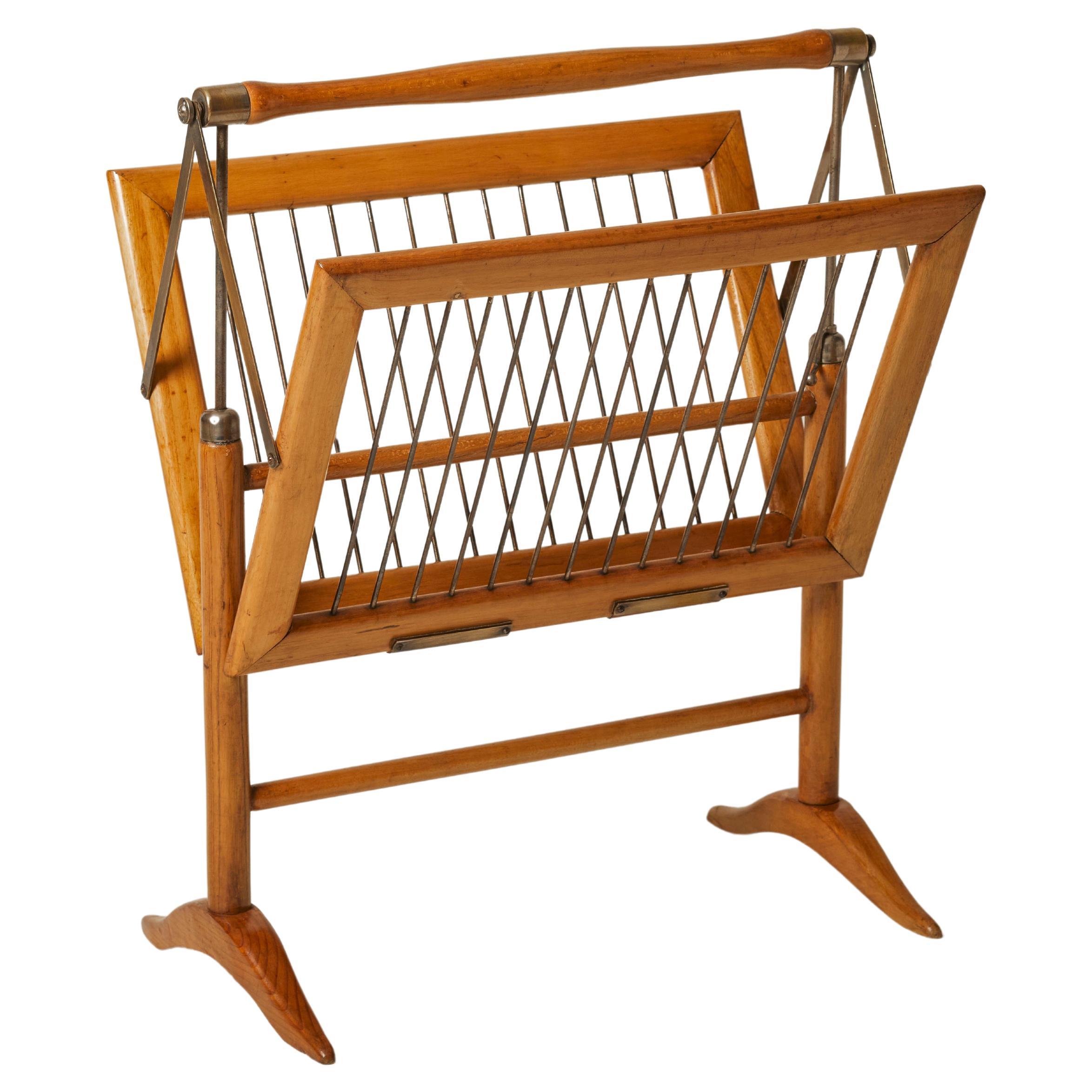 1960's Italian Oak & Steel Magazine Rack For Sale