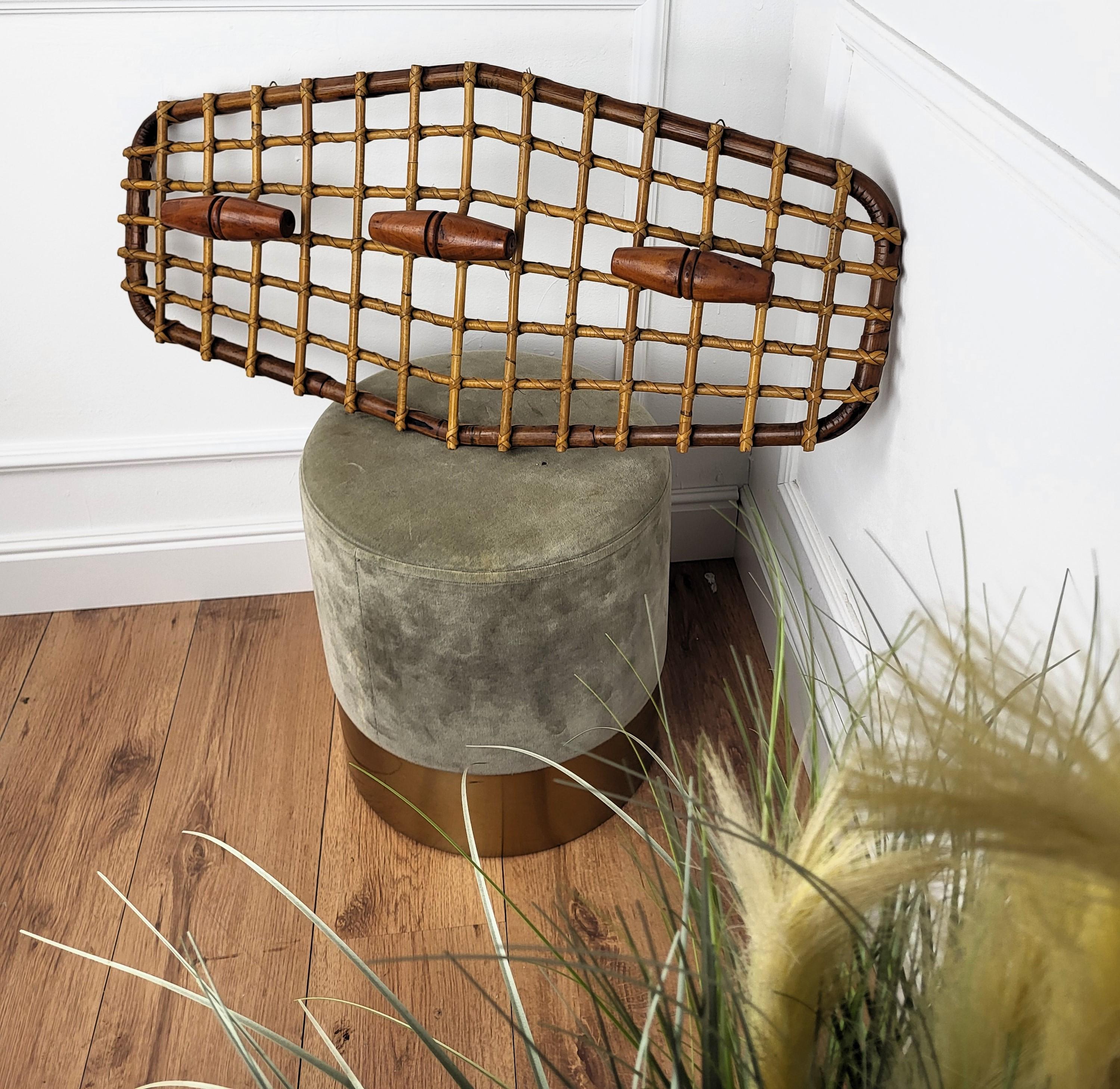 French Provincial 1960s, Italian Olaf Von Bohr Bamboo Rattan Wall Coatrack Hanger with 3 hooks For Sale