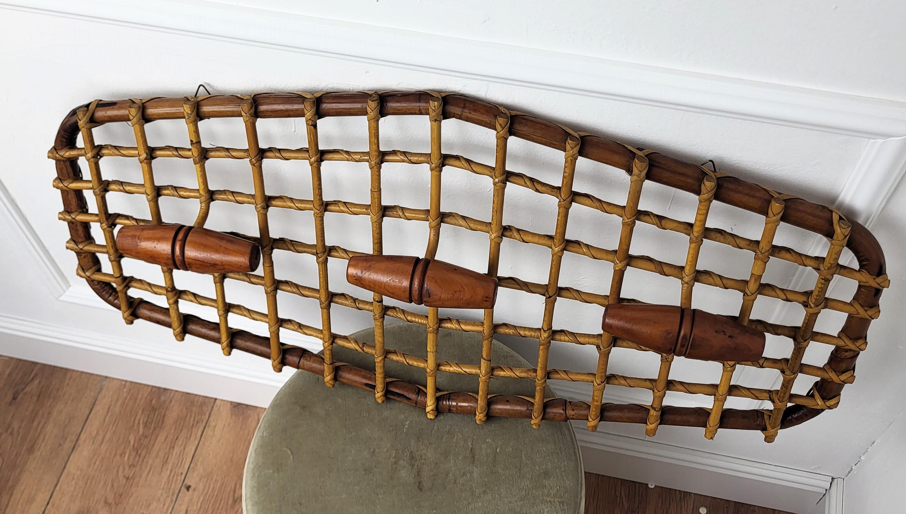 20th Century 1960s, Italian Olaf Von Bohr Bamboo Rattan Wall Coatrack Hanger with 3 hooks For Sale
