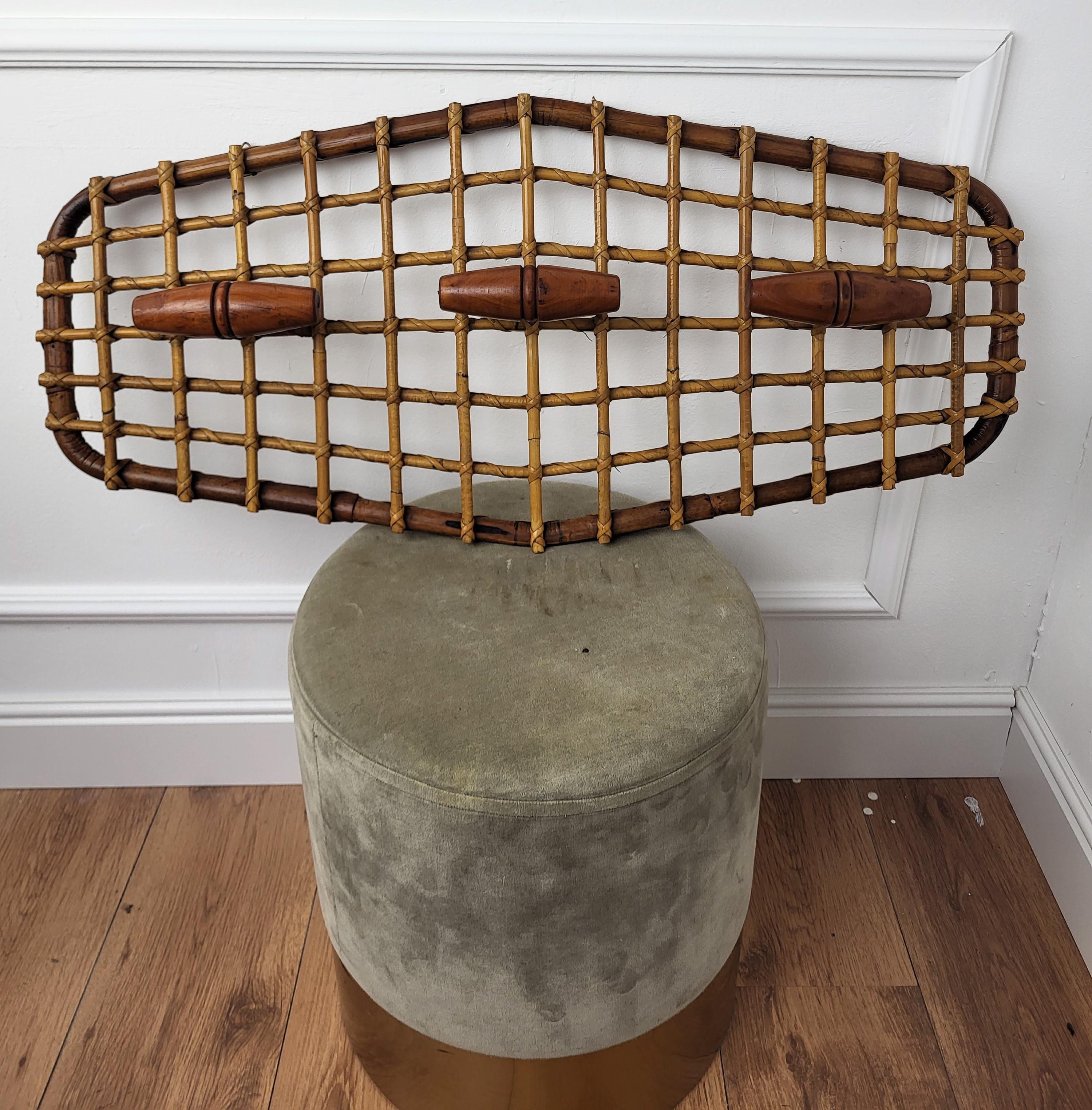 1960s, Italian Olaf Von Bohr Bamboo Rattan Wall Coatrack Hanger with 3 hooks For Sale 1