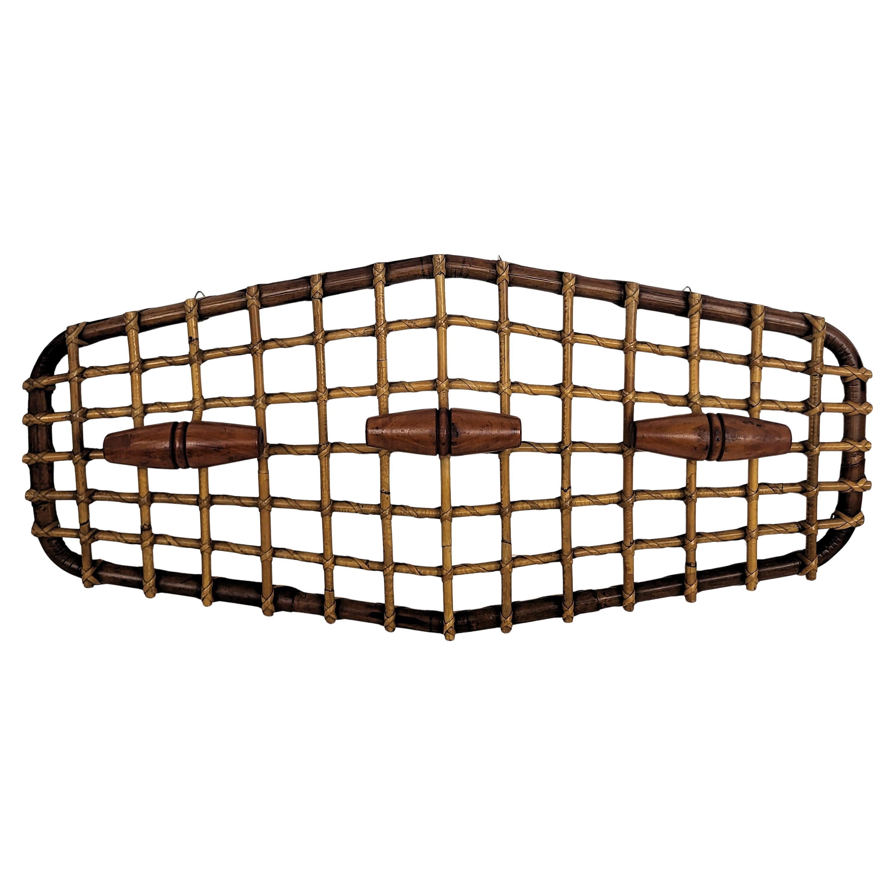 1960s, Italian Olaf Von Bohr Bamboo Rattan Wall Coatrack Hanger with 3 hooks