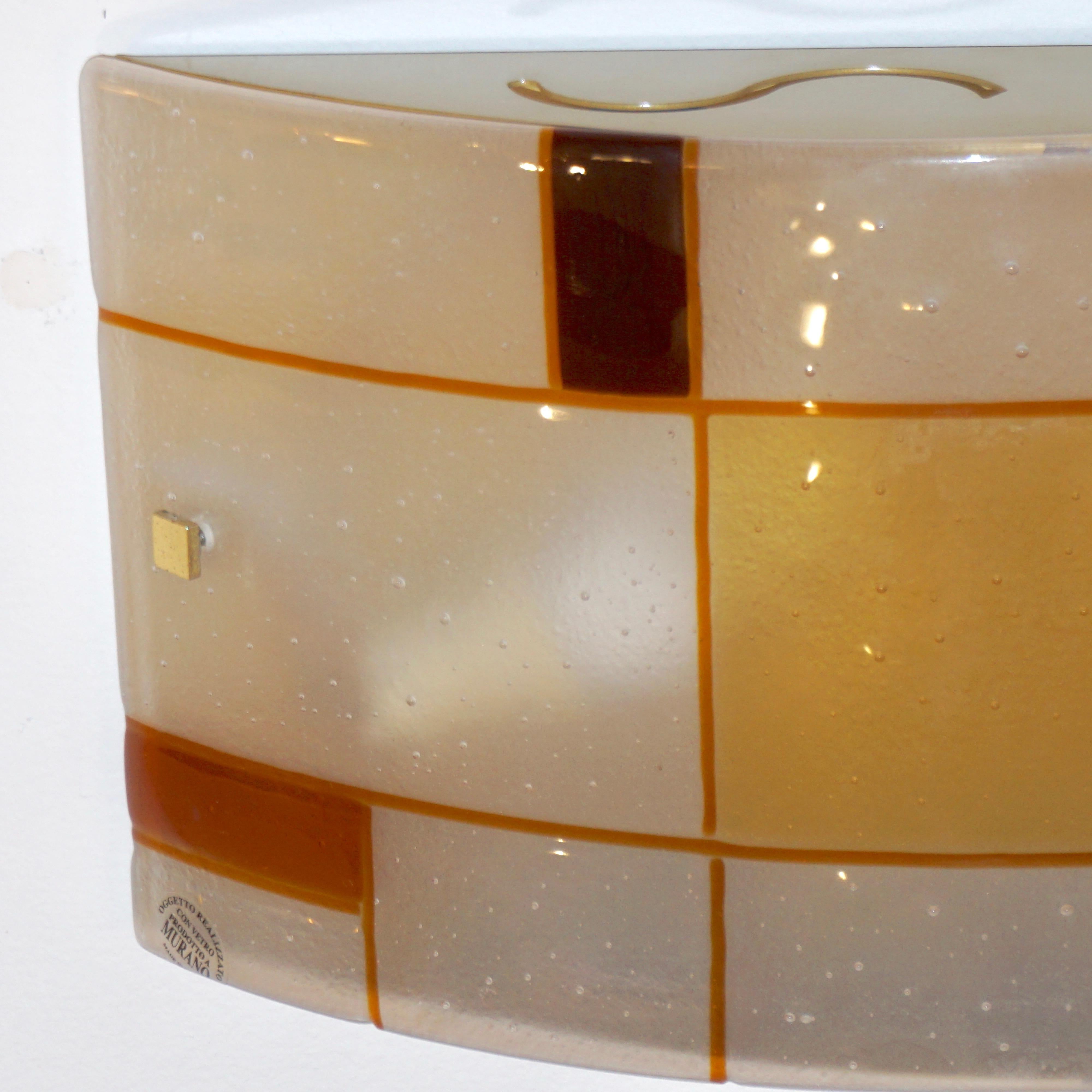 Art Glass 1960s Italian Orange Ivory Murano Glass Mondrian Design Flushmounts or Sconces For Sale