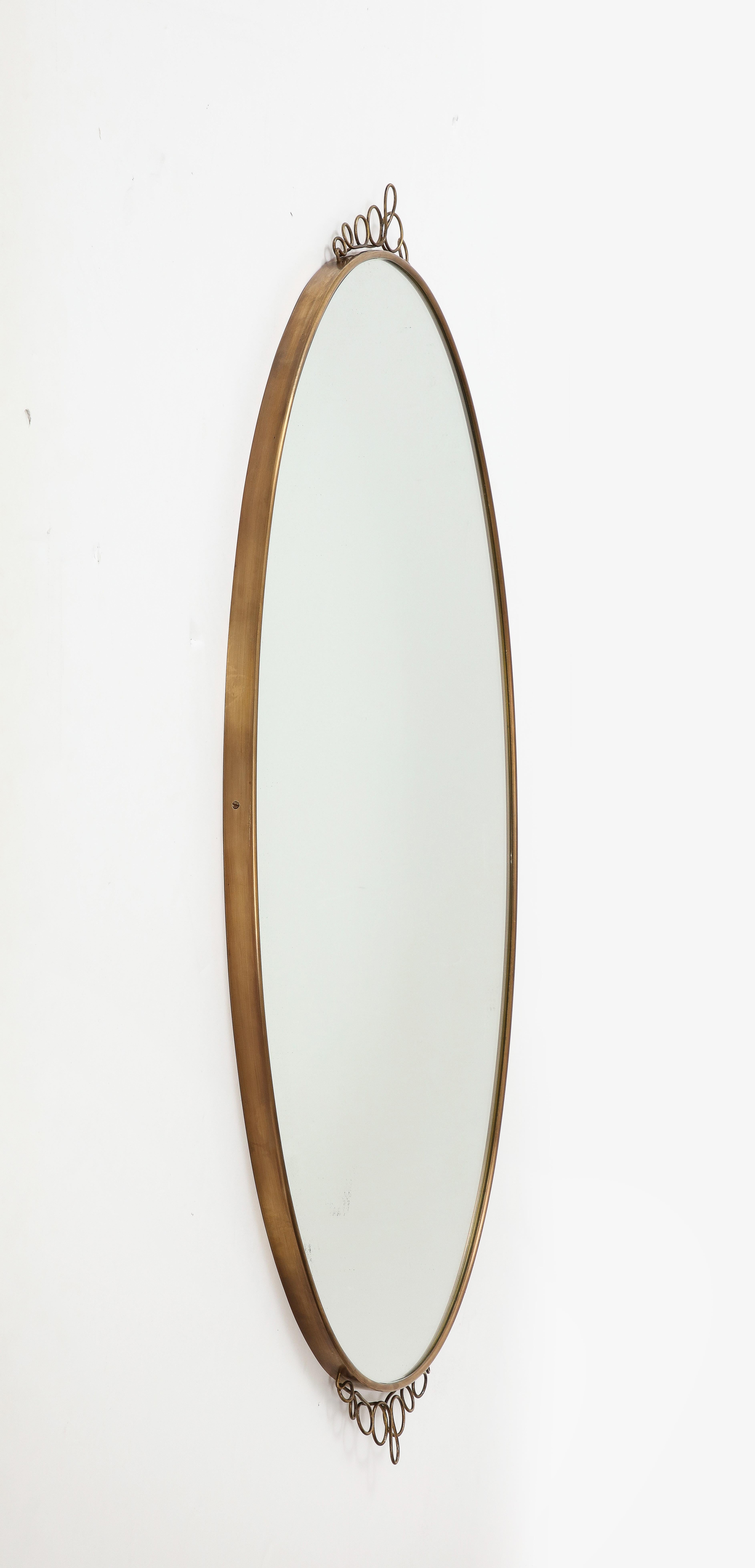 1960s Italian Modernist Oval Brass Wall Mirror with Scrolls 1
