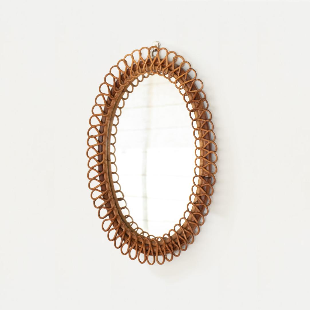 20th Century 1960's Italian Oval Rattan Mirror