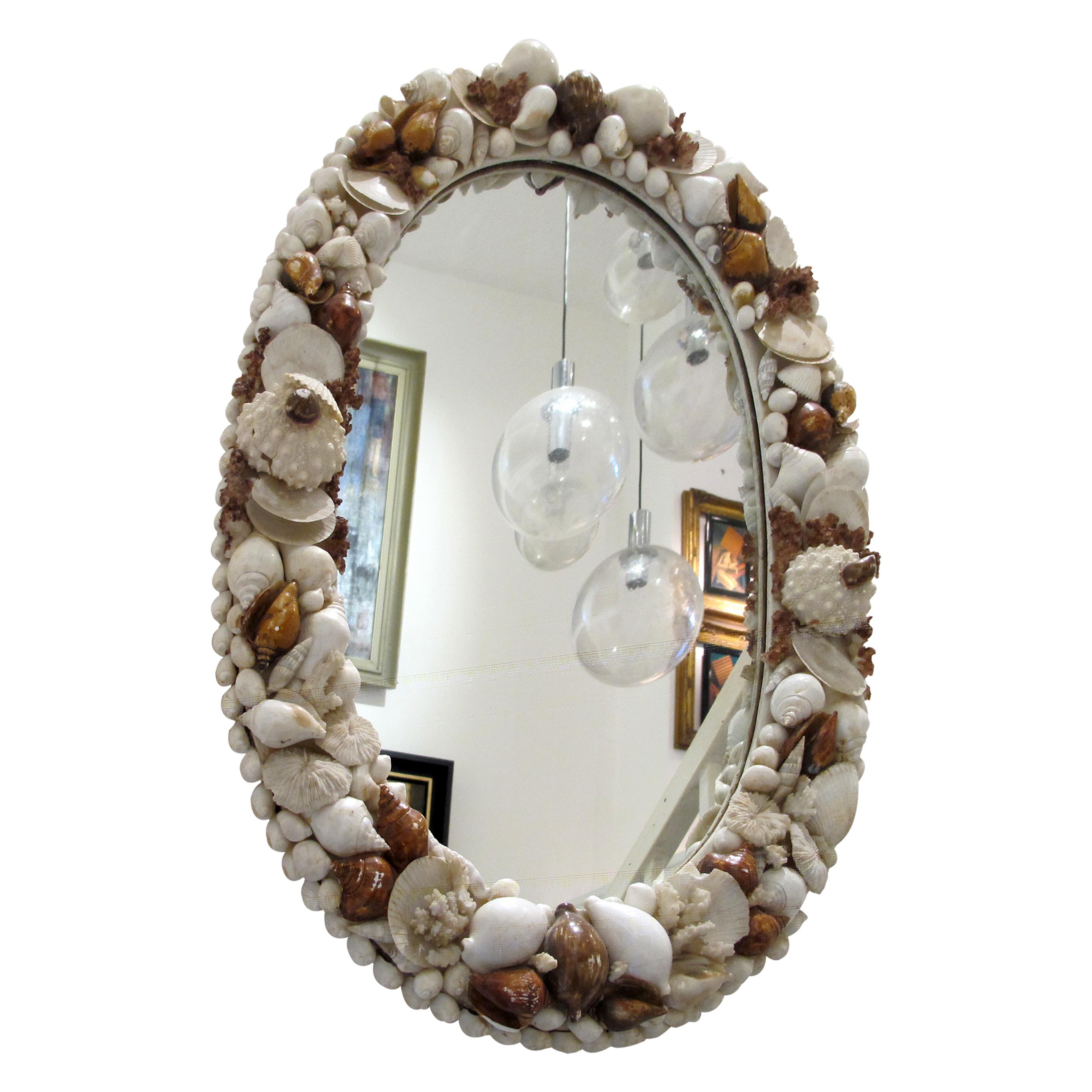 1960s Italian Oval Wall Mirror Encrusted with Sea Shells and Corals 1