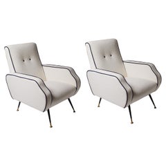 1960s Italian Pair of Armchairs with White Linen and Black Trim