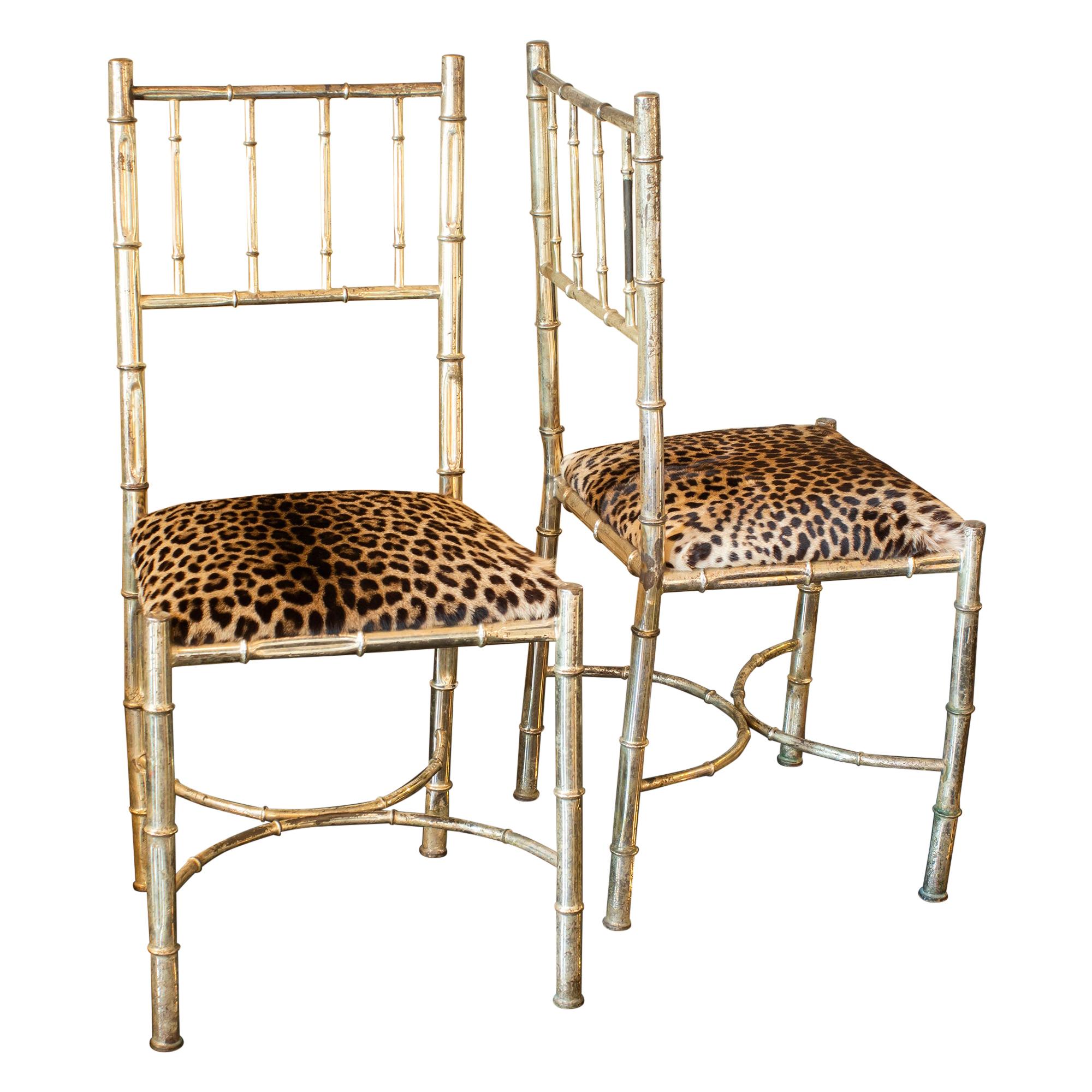1960s Italian Pair of Brass Faux Bamboo Chairs with Leopard Skin For