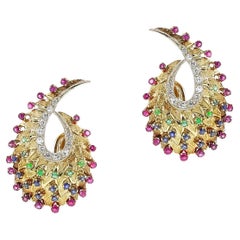 1960s Italian Pear-Shape Swirl Ruby, Emerald, Sapphire and Diamond Earrings, 18k