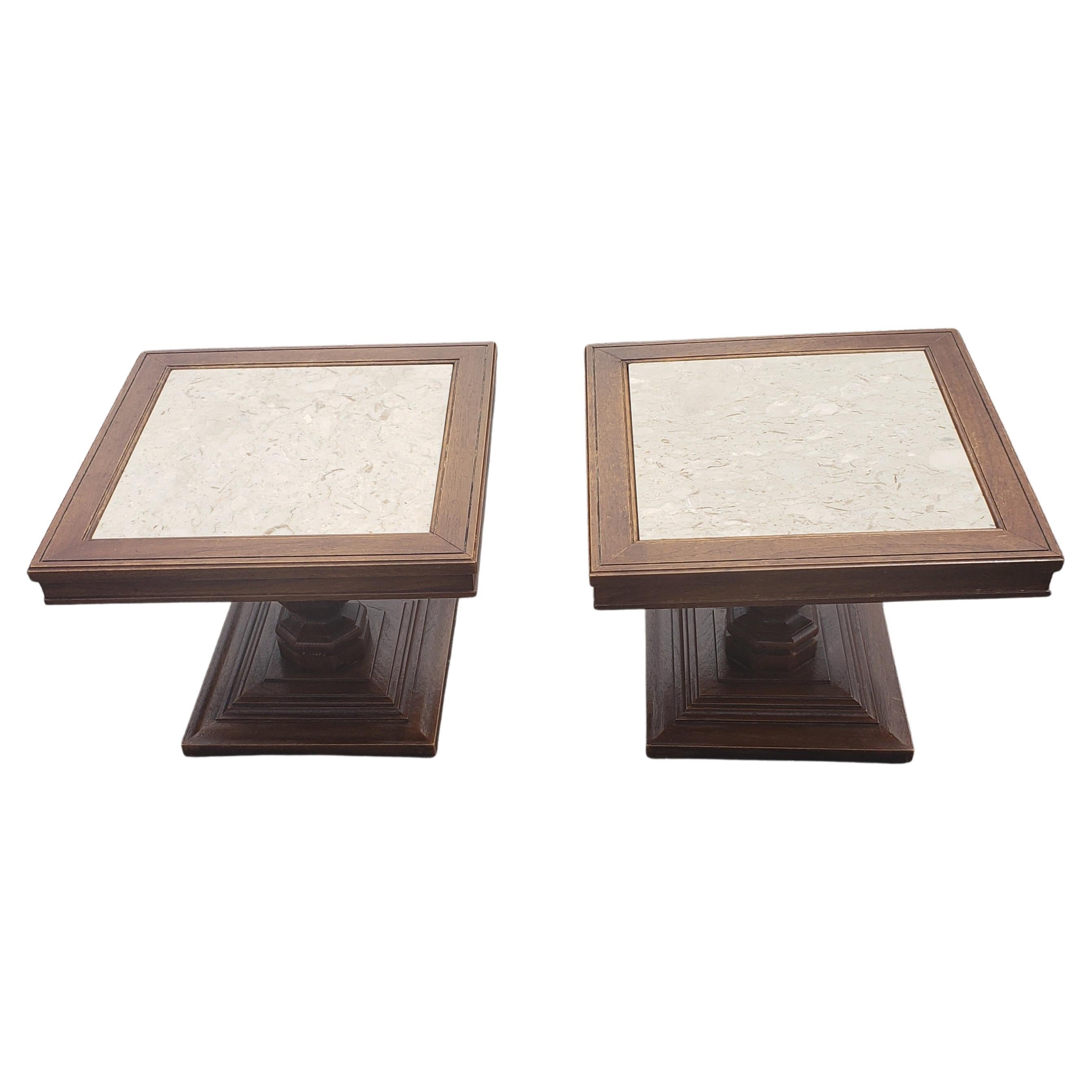 A pair of 1960s Italian pedestal oak side tables with marble top inserts. No chips on marble inserts. Very good vintage condition. Tables measure 20