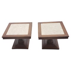 Tavolini italiani anni '60 con piedistallo in Oak con inserti in marmo, una coppia
