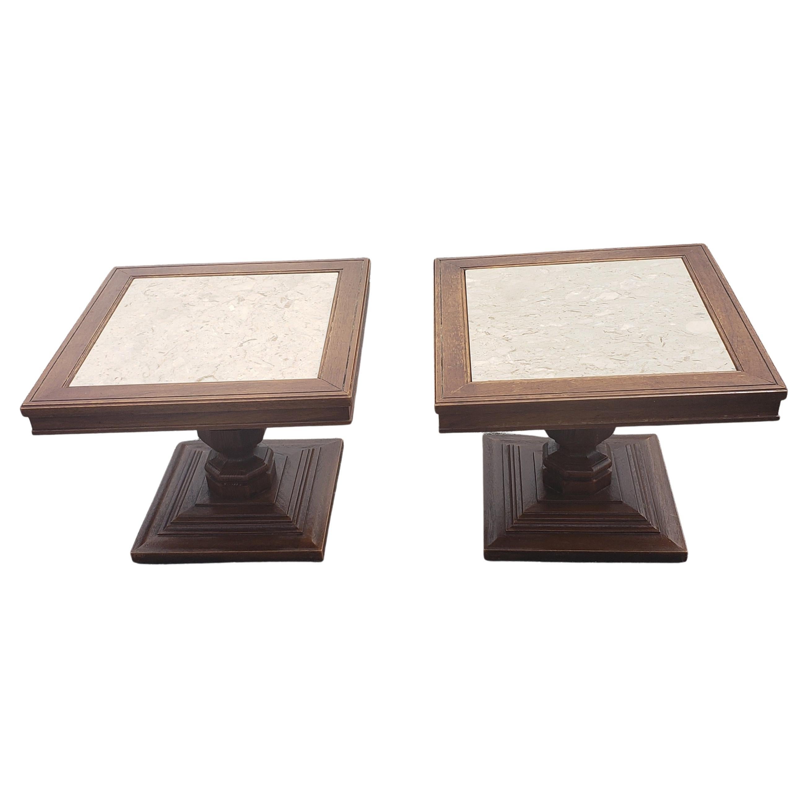 20th Century 1960s Italian Pedestal Oak Side Tables with Marble Top Inserts, a Pair For Sale
