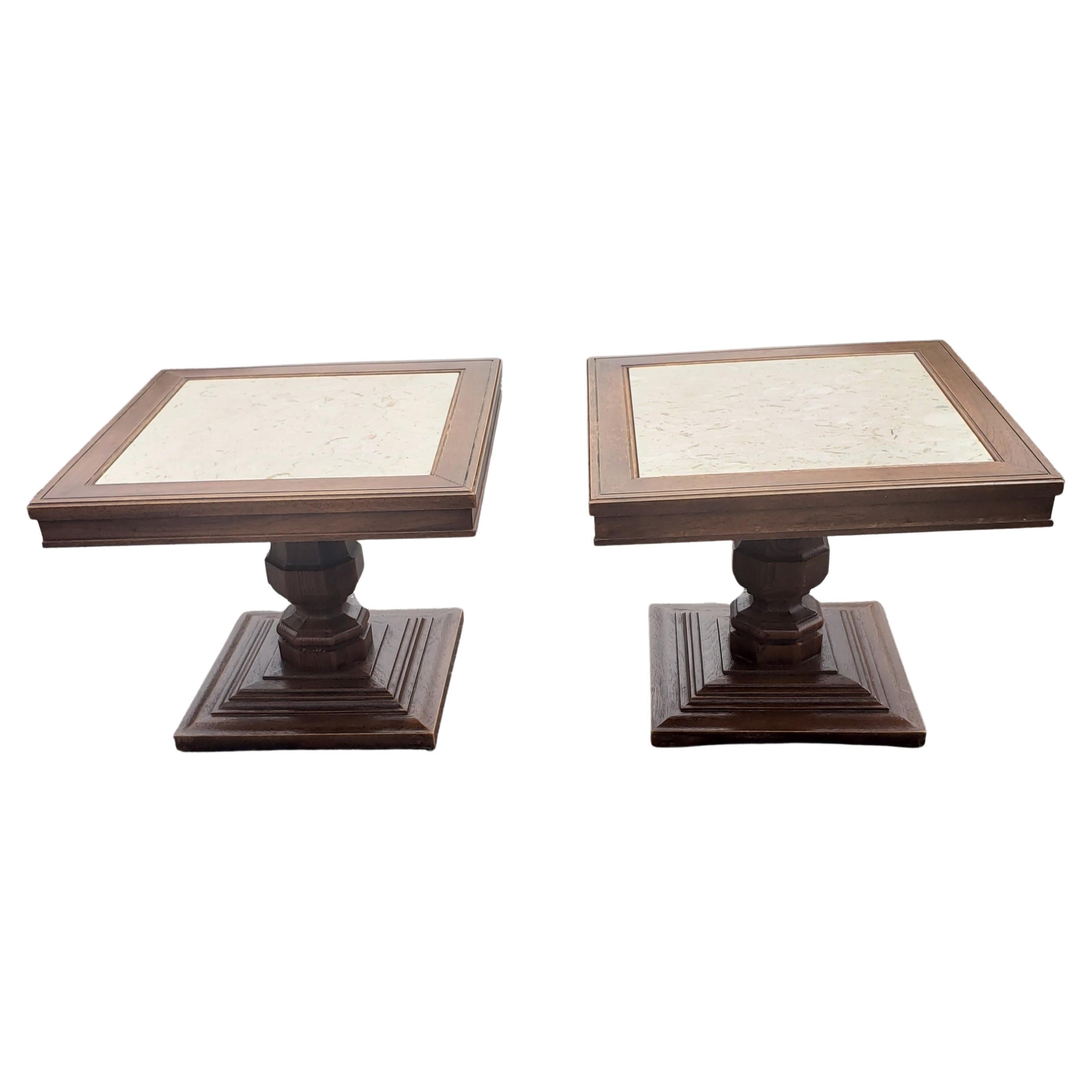 1960s Italian Pedestal Oak Side Tables with Marble Top Inserts, a Pair For Sale 1
