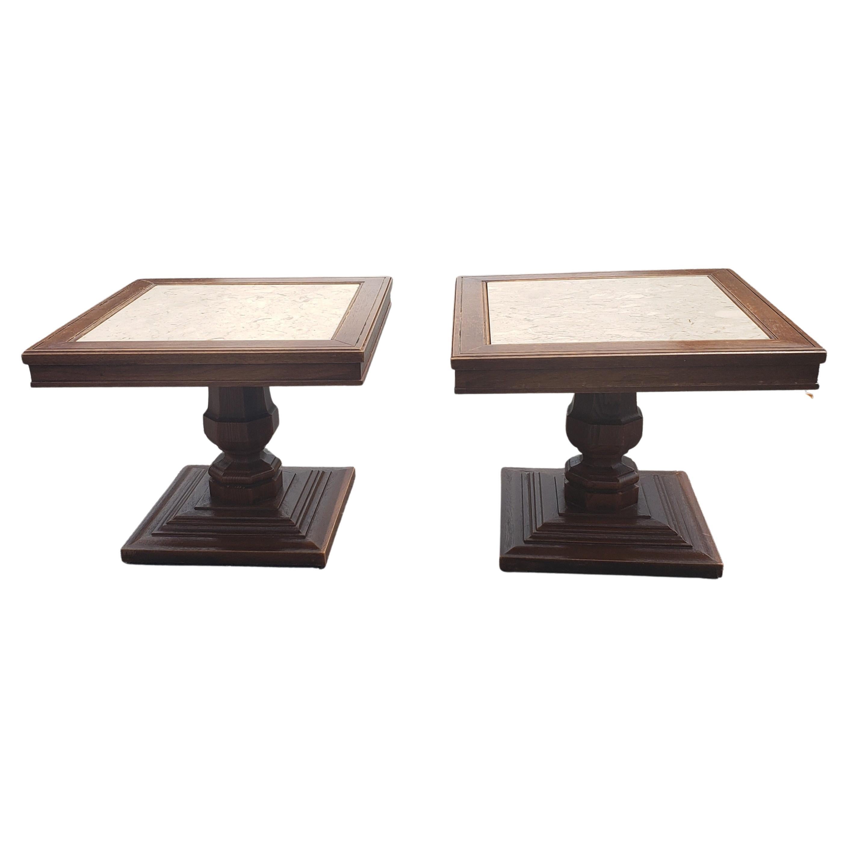 1960s Italian Pedestal Oak Side Tables with Marble Top Inserts, a Pair For Sale 2
