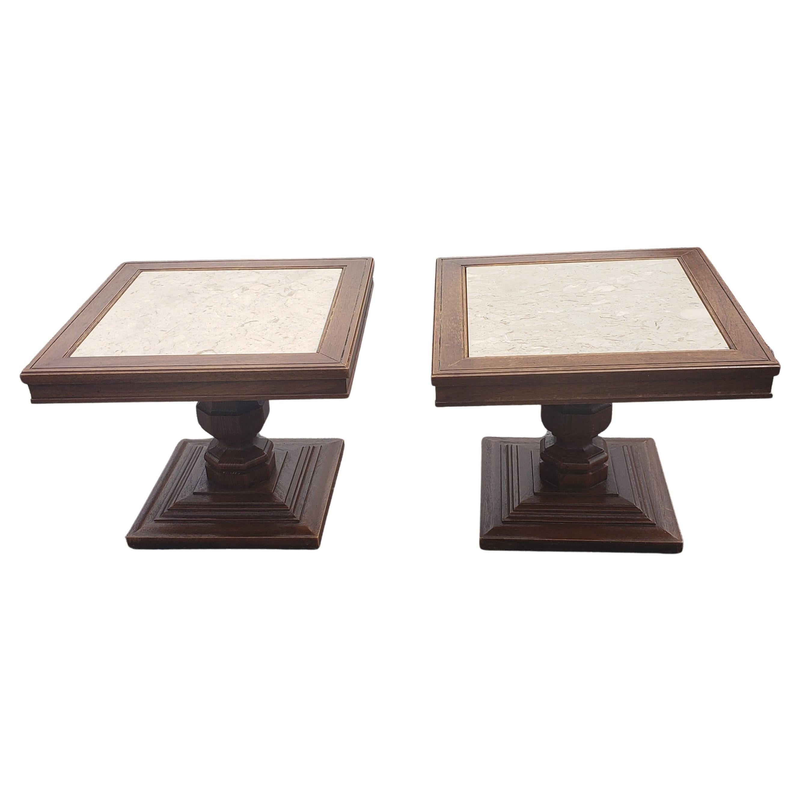 1960s Italian Pedestal Oak Side Tables with Marble Top Inserts, a Pair