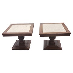 1960s Italian Pedestal Oak Side Tables with Marble Top Inserts, a Pair