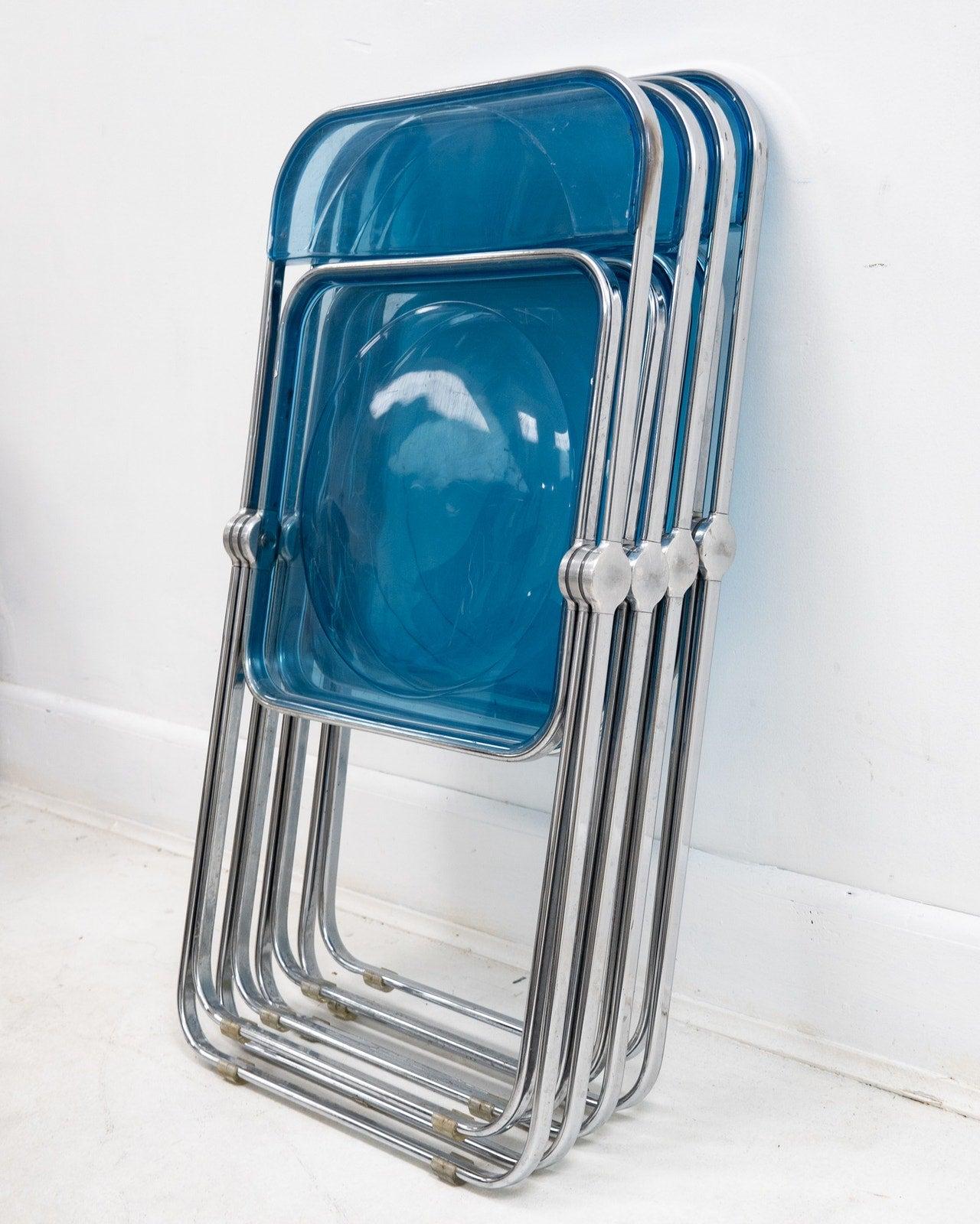 Chrome 1960s Italian “Plia” Blue Lucite Folding Chair by Giancarlo Piretti for Anonima